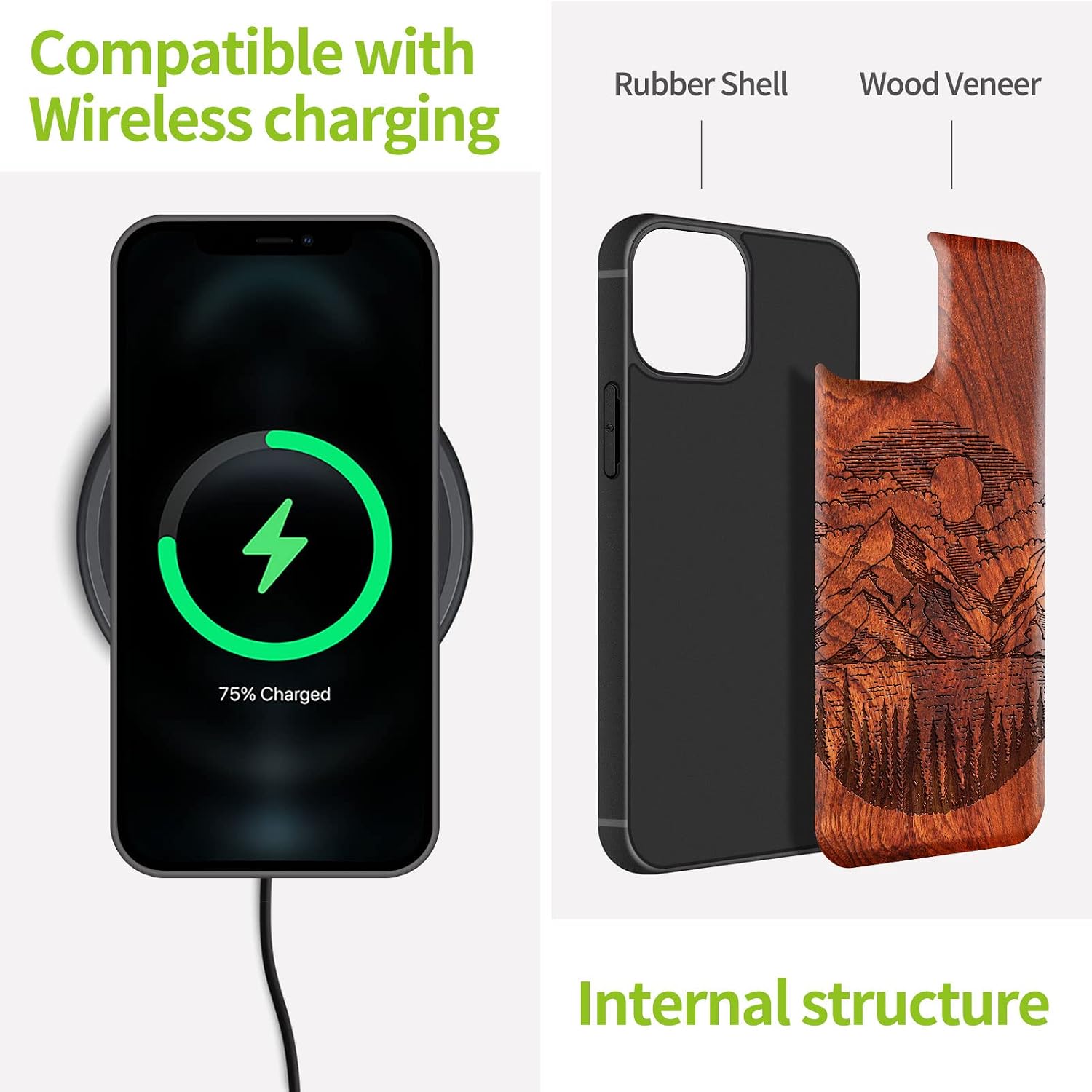 Carveit Magnetic Wood Case for iPhone 13 Case [Natural Wood & Black Soft TPU] Unique & Classy Wooden Shockproof Protective Cover Compatible with MagSafe (Alpine Lake Carving -Rosy)