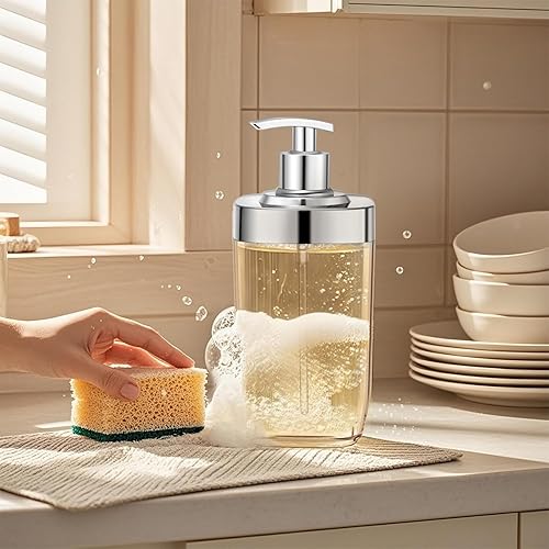 Miniatura 6 de Dispensador de jabón de cocina con soporte para esponja, botella de jabón recargable para encimera de cocina, dispensador de jabón para platos de