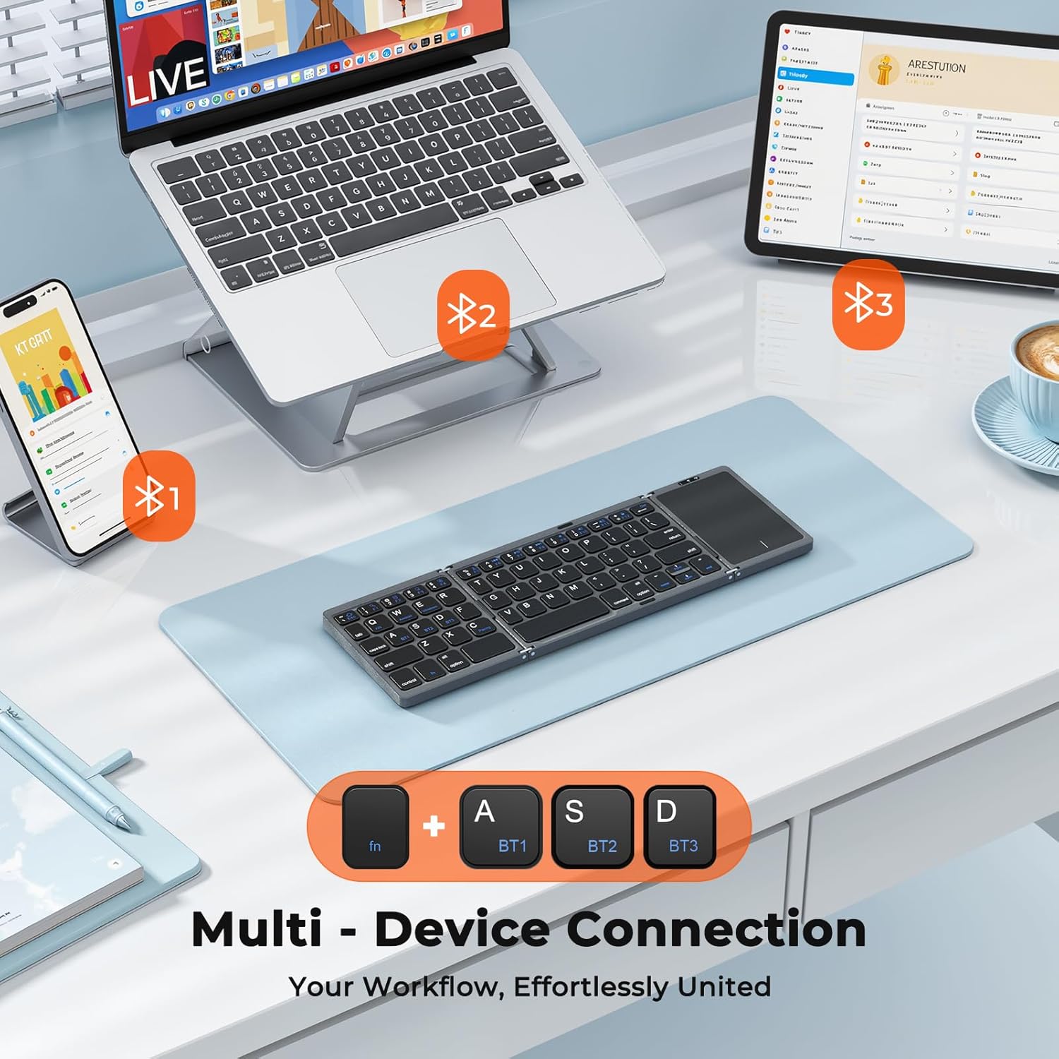 MEETION Foldable Keyboard with Touchpad, Bluetooth Wireless Portable Keyboard, Rechargeable Ultra Slim Pocket Folding Keyboards, Full Size Keys, Travel for iOS Android Windows Laptop PC Tablet - Image 3