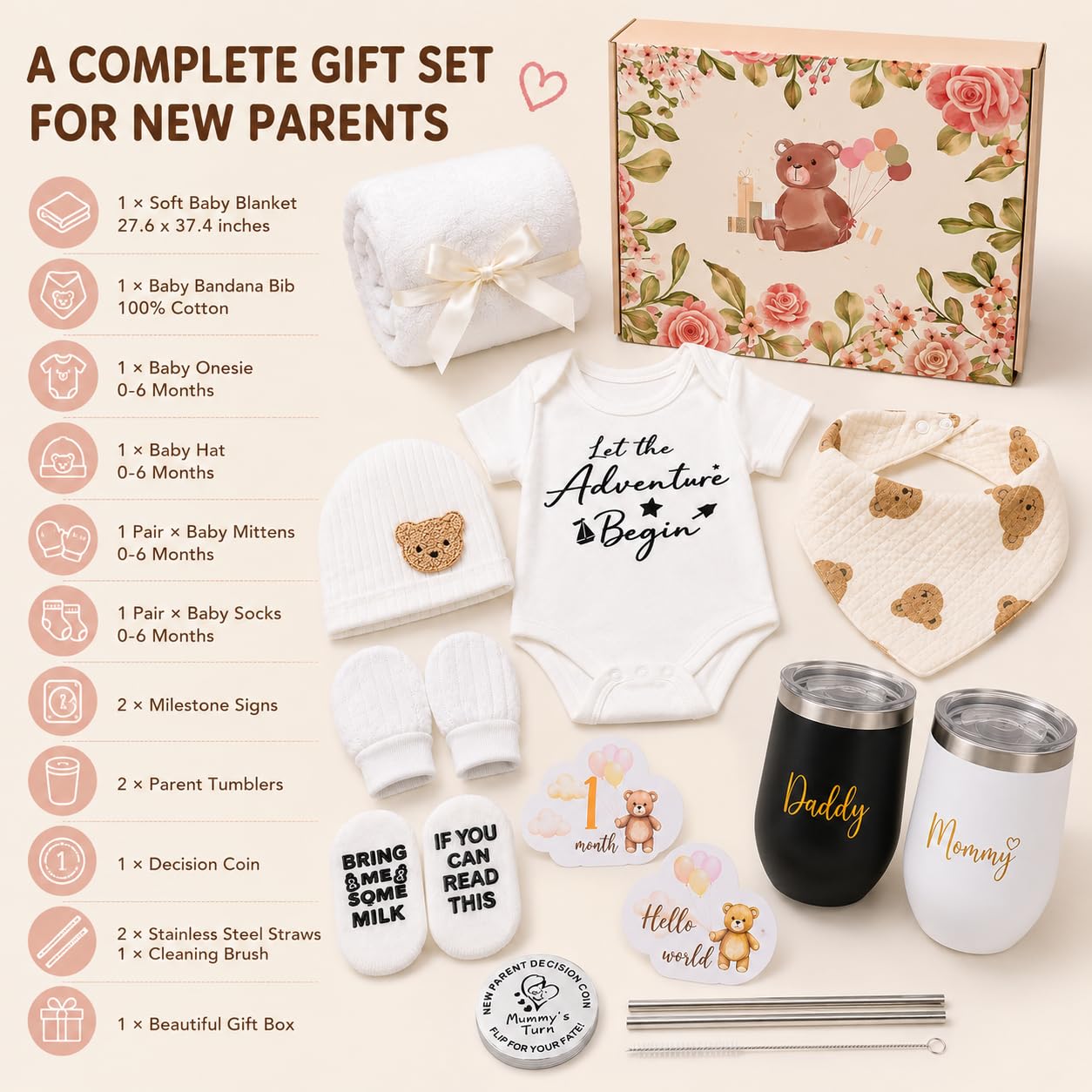 Regalo Bebé, 11 Piezas Regalo para Recién Nacido Niño Niña, Regalos para Bebés con 2 Tazas Body Manta Gorro Calcetines Babero Guantes Moneda de Decisión