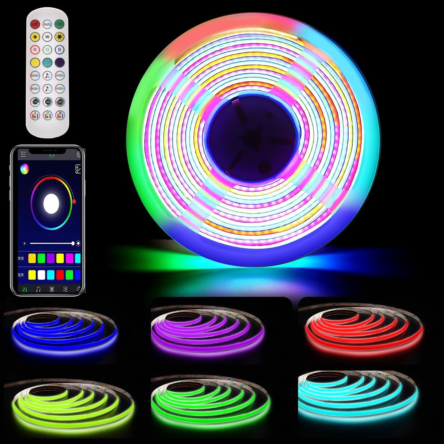 Tira LED COB RGB + IC de 10 m WS2811 24 V Direccionable Cambio de color - Sincronización de música - Con aplicación y mando a distancia - Para el hogar, fiestas