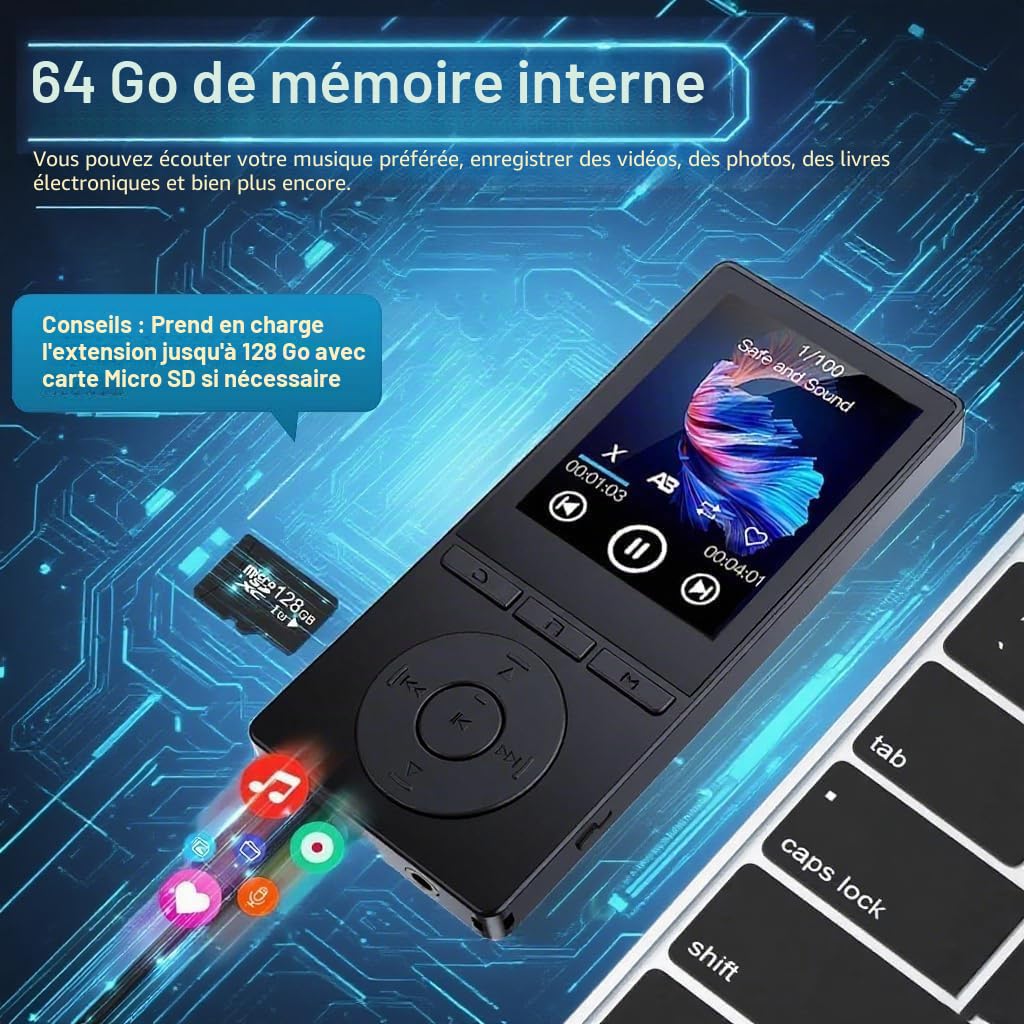 Lecteur MP3 Bluetooth 5.3 64 Go avec Haut-Parleurs, Radio FM, Écran Couleur 2,4 Pouces, Noir
