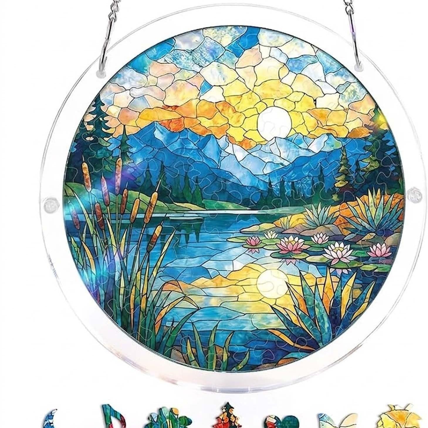 83 Pieces Hanging Acrylic Suncatcher Puzzle,DIY Acrylic Jigsaw Puzzle for Adults, 2mm Transparency Acrylic, Acrylic Suncatcher Puzzles for Doors Garden Window (Lake Sunset, 7 Inches) — image 1