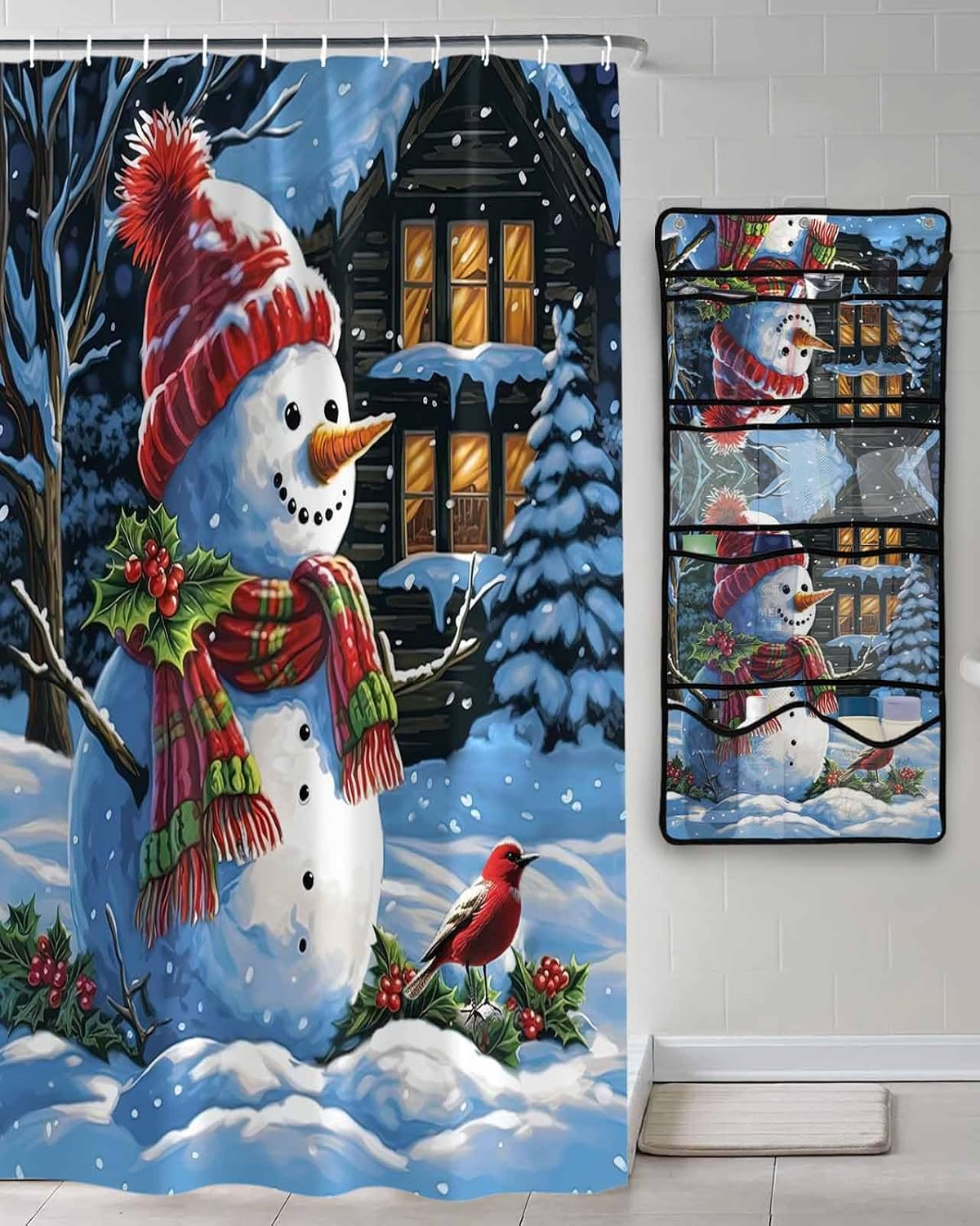Shower Curtain Mesh Shower Organizer Hanging Set Christmas Snowman with Red Cardinal Bird Waterproof Shower Curtains with 10