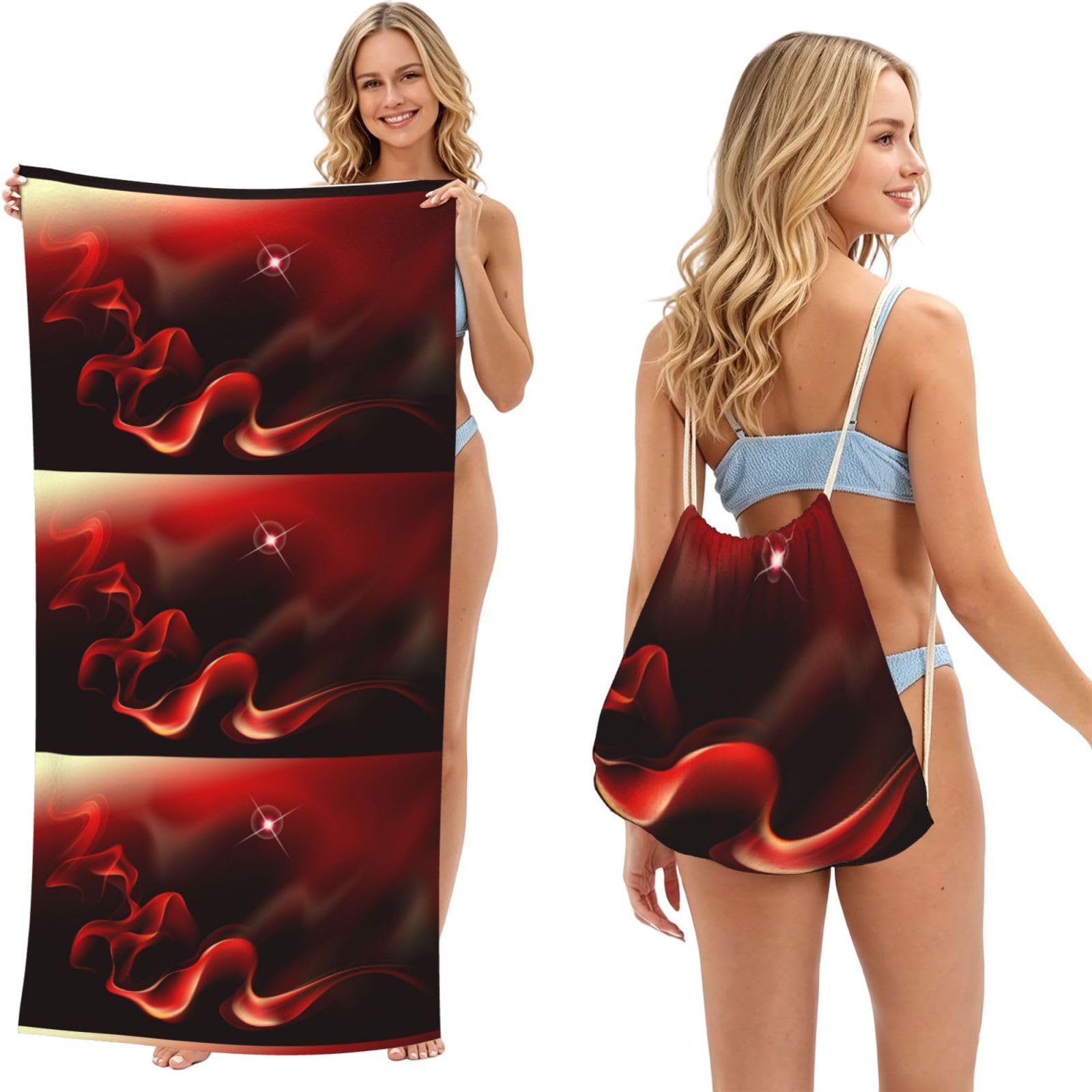 Poadnly As Picture Red Flame Printed, 2 In 1 Packable Towel Bag, Beach Towels With Drawstring Backpack For Travel Holiday Camping