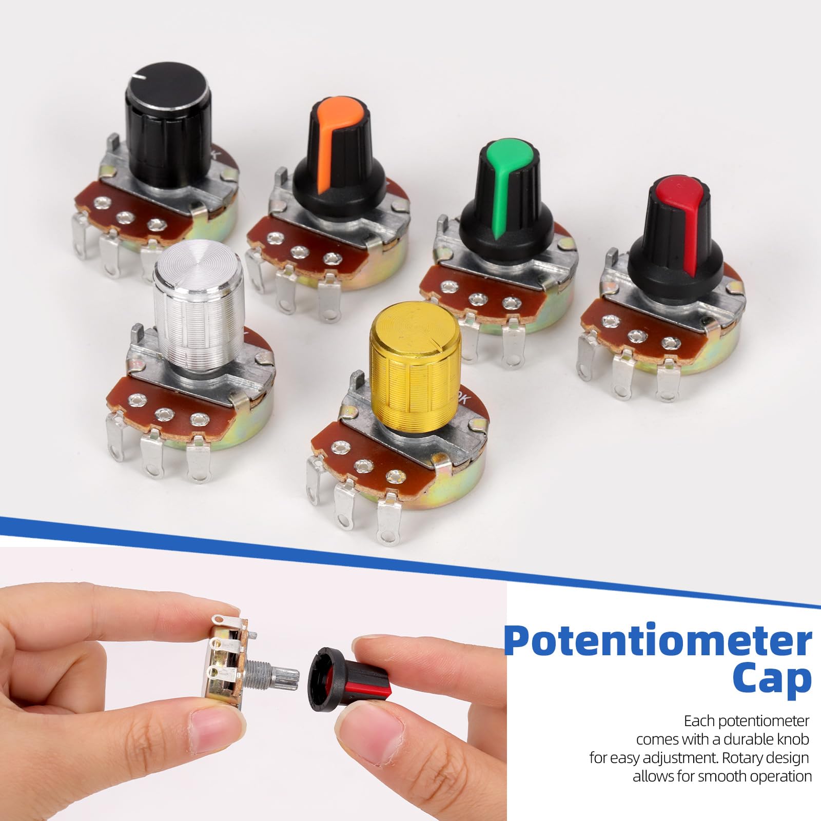 Glarks 57pcs WH138 Single Turn Rotary Linear Variable Potenziometro, B5K/B10K/B50K/B100K/B250K/B500K/B1M OHM 3 Pin Zigrinato Linear Rotary Taper Potenziometro con Lega di Alluminio e Set di Manopole