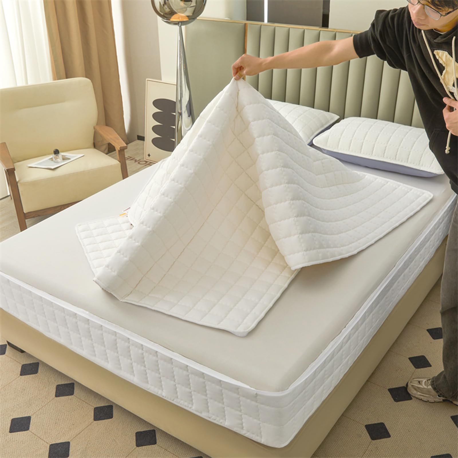 Housse de Protection pour Matelas avec Fermeture Zippée 60/70/80x190 Housse de Matelas Intégrale Respirant Protège /Protégé Matelas Matelassé à Cinq Côtés Doux Alèse Drap-Housse (180X200+20cm,A)