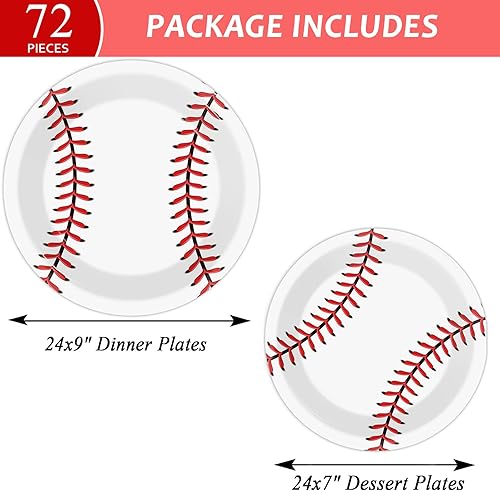 Miniatura 2 de Paquete de 72 piezas de suministros para fiesta de béisbol, juego de platos de papel desechables para fiesta de béisbol, cenas, platos de postre de