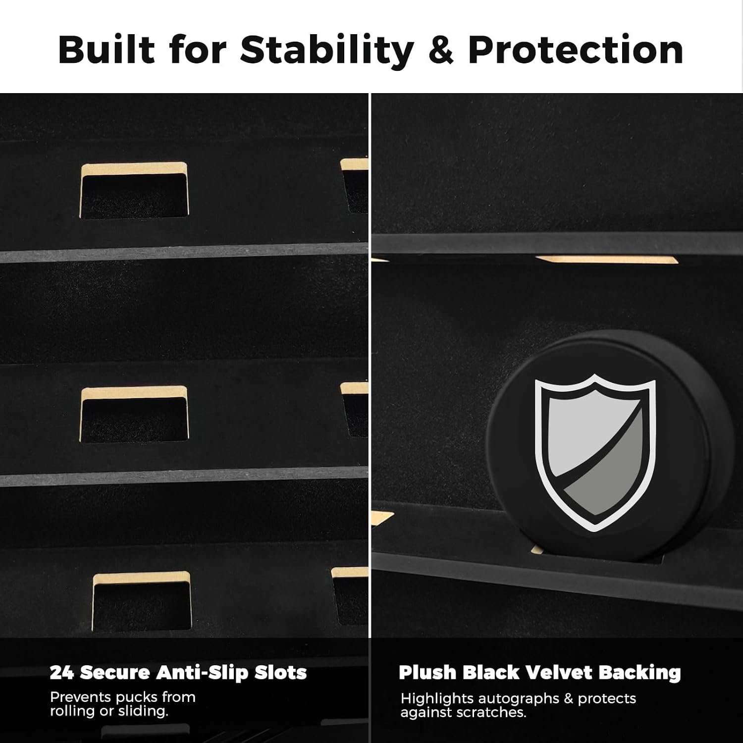 24 Hockey Puck Display Case with Lock, Wooden Sports Memorabilia Cabinet Holder with Ultra-Clear Acrylic Door & Black Velvet Backing, Wall Mount Shadow Box Showcase for Autographed Pucks