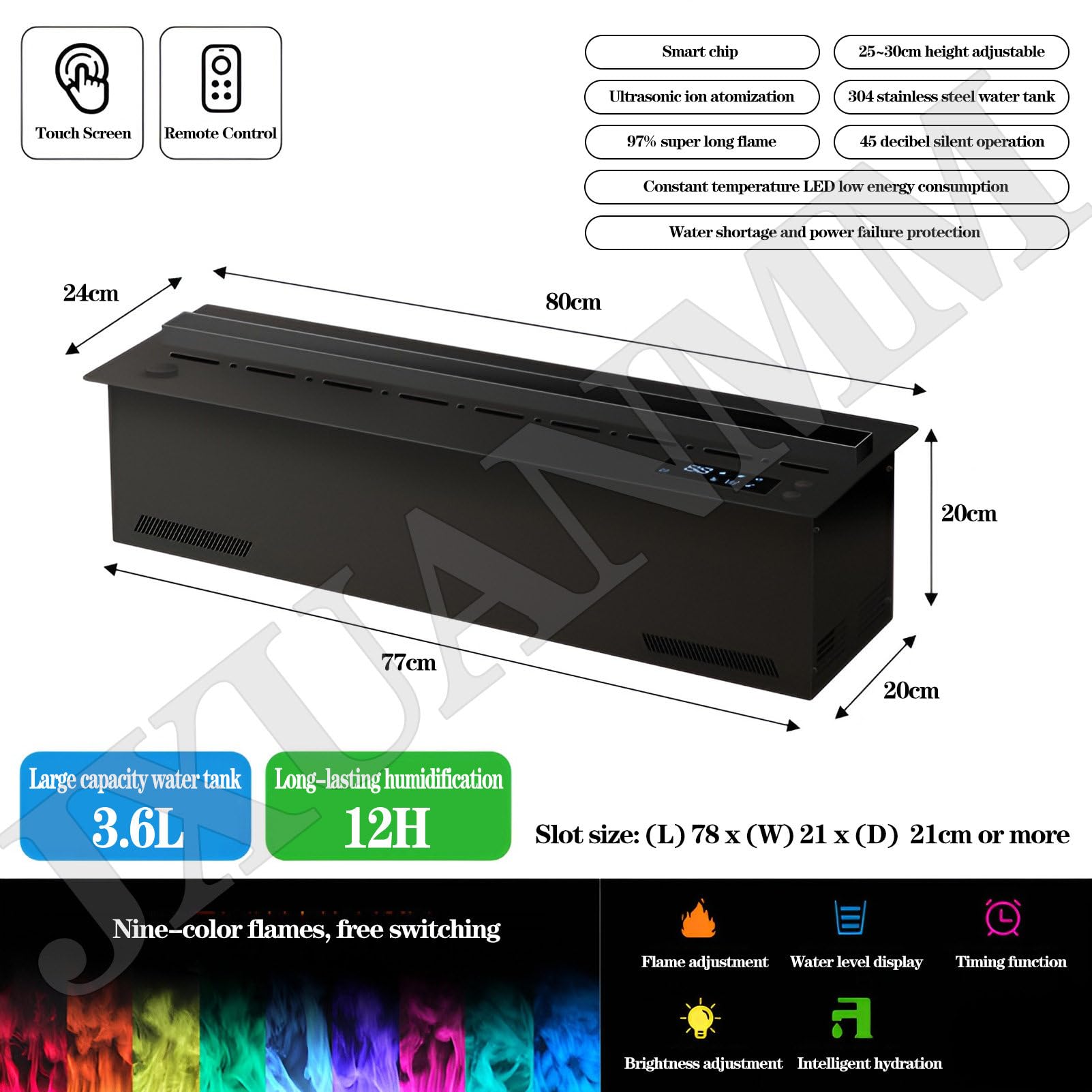 Chimenea de Vapor de Agua de 19,7/31,5/39,4/47,2/59 Pulgadas Llama atomizada 3D Regulable, Chimenea de Vapor eléctrica empotrada con Control Remoto 9Colors-80cm/31.5in