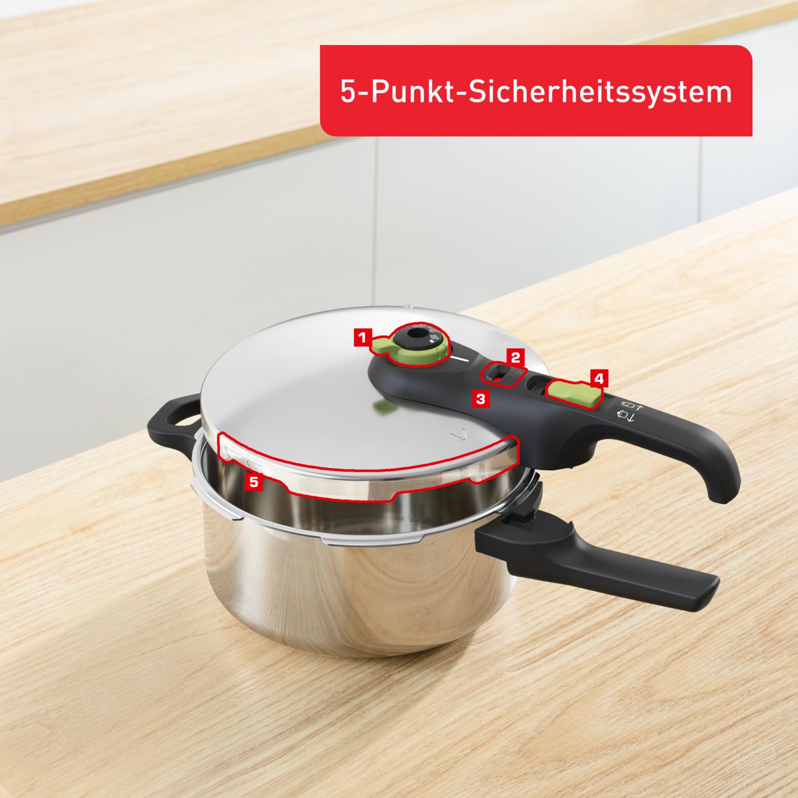 Tefal Secure Trendy Schnellkochtopf Induktion 4l, 2-Stufen-Garregler: Intensivstufe 117°C, Schonstufe 112°C, Induktions-Kapselboden, für alle Herdarten, Edelstahl/Schwarz/Grün, P2580400