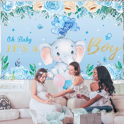 Miniatura 4 de Telón de fondo para baby shower con temática de elefante, cartel de fiesta de baby shower, cartel de "It's a boy", decoración de fondo de elefante