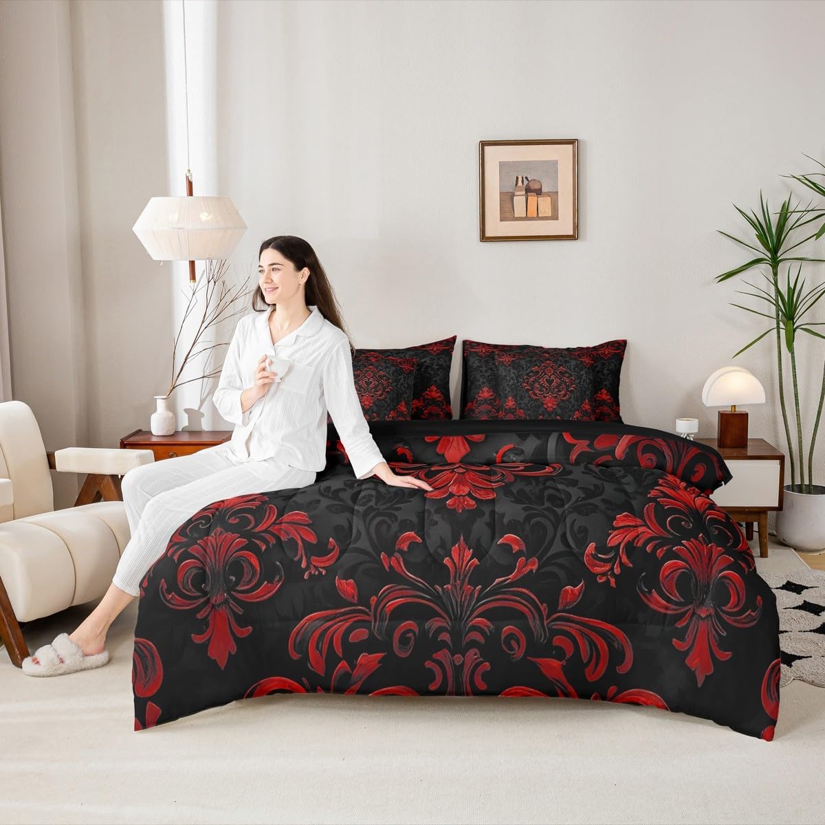 Erosebridal Black Red Gothic 7 Pcs Comforter Set Queen Size,Vintage Boho Damask Floral Bed in A Bag,Bohemian Exotic Goth Bedding for Kids Adults Victorian Baroque Flower Sheet Set - Image 2