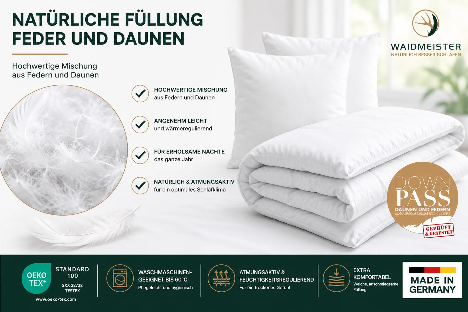 DILUMA Bettenset 4-teilig Comfort - 2X Bettdecke 135x200 cm 1000g Füllung 90% Federn 10% Daunen - 2X Kopfkissen 80x80 cm 100% Federn - Bettdeckenset mit ÖkoTex 100