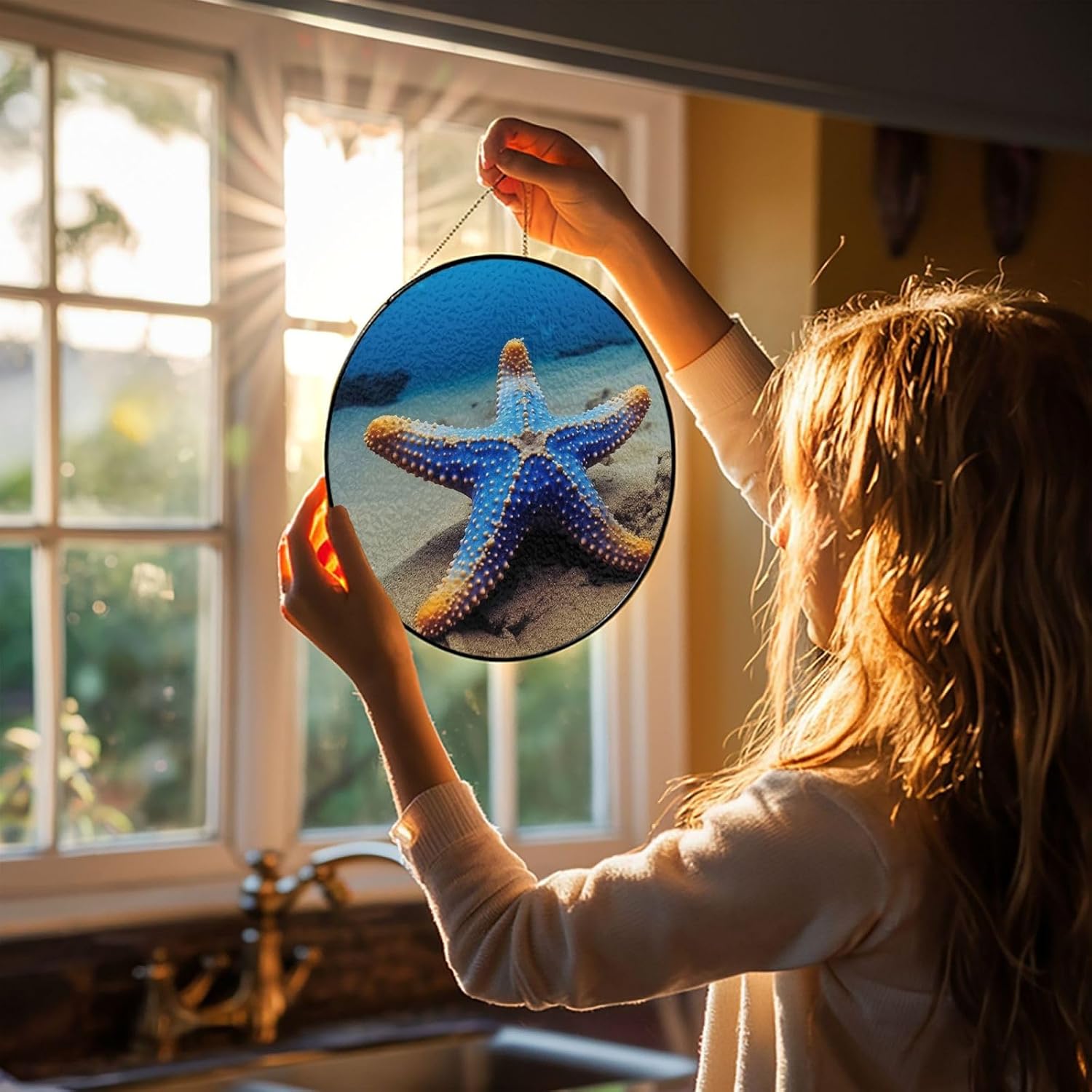 Blue Sea Stained Glass Suncatcher for Window Hanging Sun Catcher Ornament for Women Men Suncatcher for Home Decor, 12in（30cm） Round Glass Ornament for Mother's Day Birthday Gift