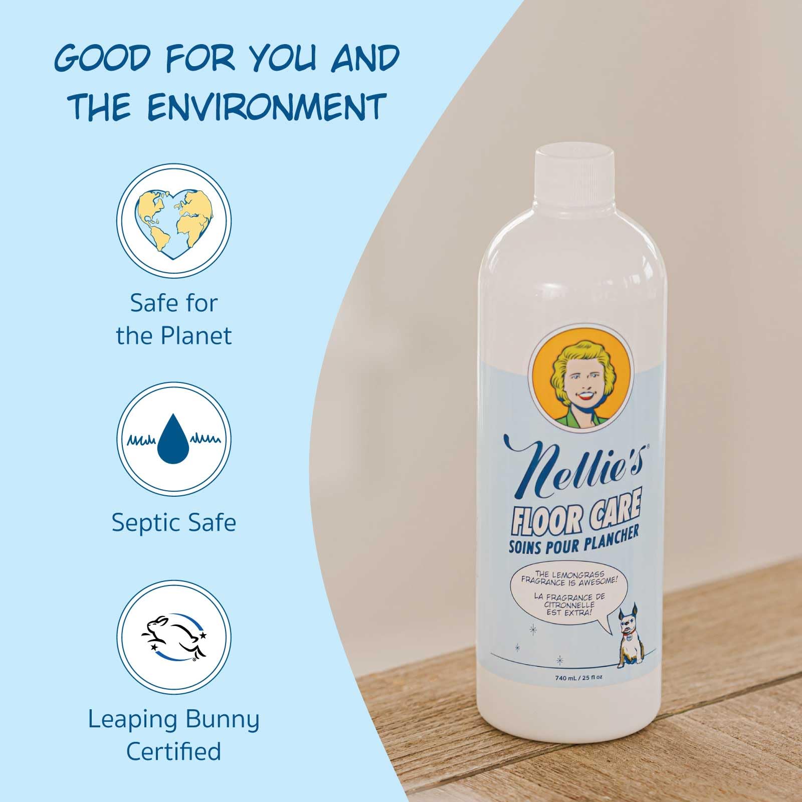 Nellie's Plant-Based Floor Care bottle, highlighting its refreshing lemongrass scent and multi-surface compatibility.