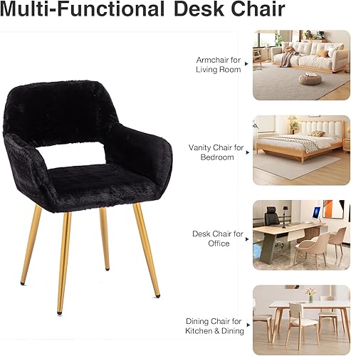 Miniatura 5 de Goujxcy Silla de tocador de piel sintética, silla de escritorio peluda negra para niñas adolescentes, cómoda silla con brazo decorativo con patas de