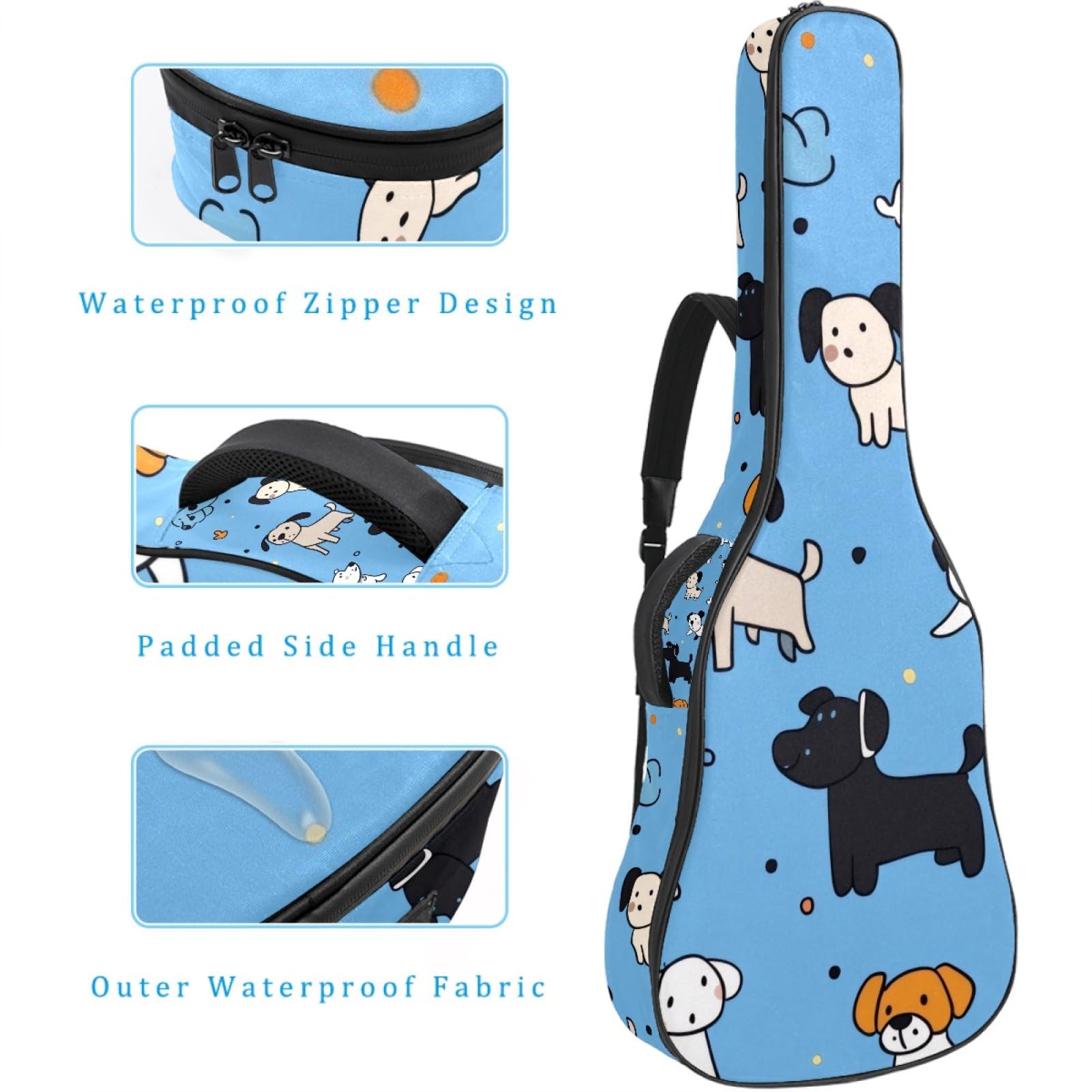 43 Zoll Akustikgitarre Softcase mit Rucksackgurt und 2 Taschen Handgemalt Hunde Hintergrund Keine Polsterung Rucksack Wasserdicht Oxford Tuch Bassgitarre Gigbag für Konzertgitarren,
