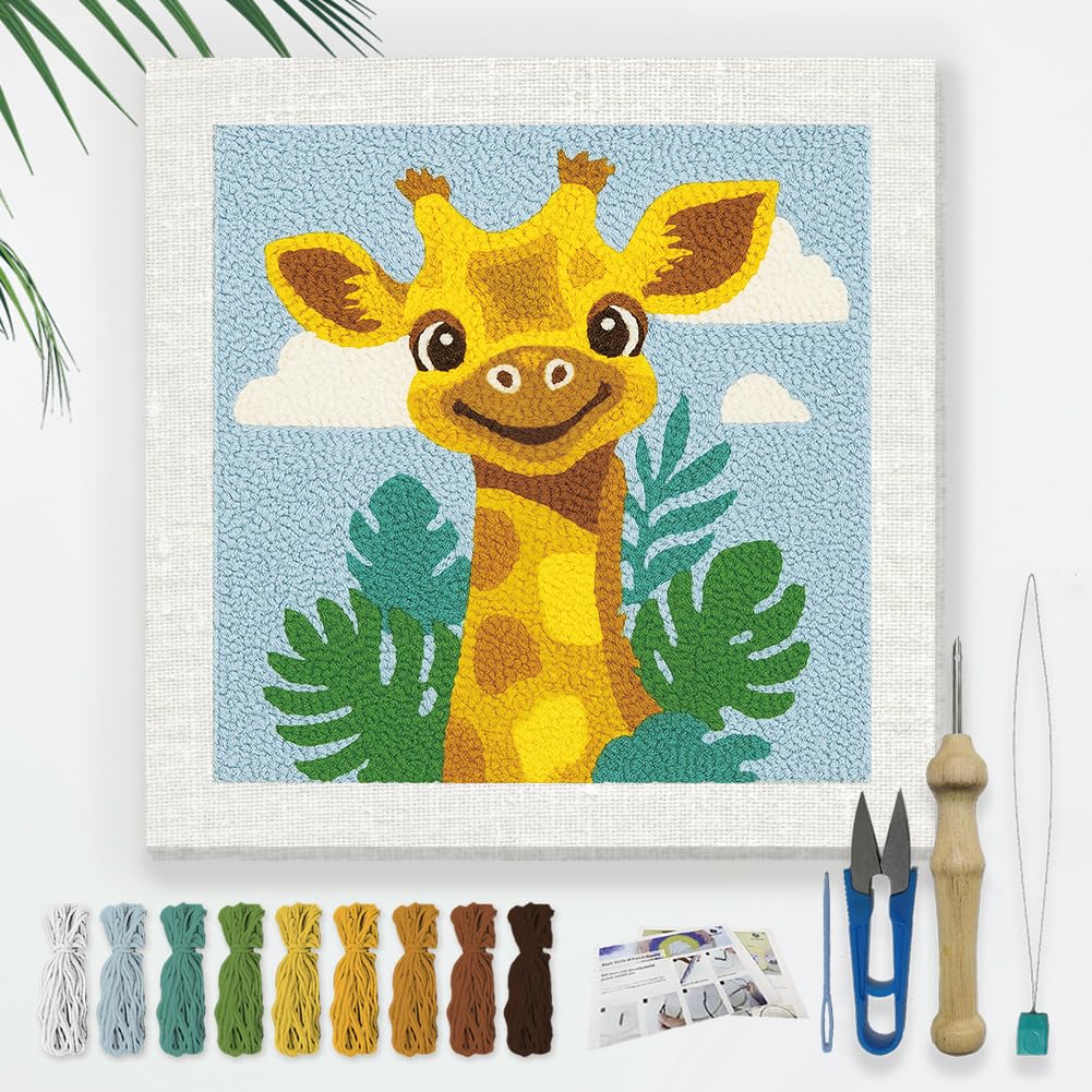 DOODLREAM Cartoon Giraffe Punch Needle Kit for Beginner 24 x 24 cm