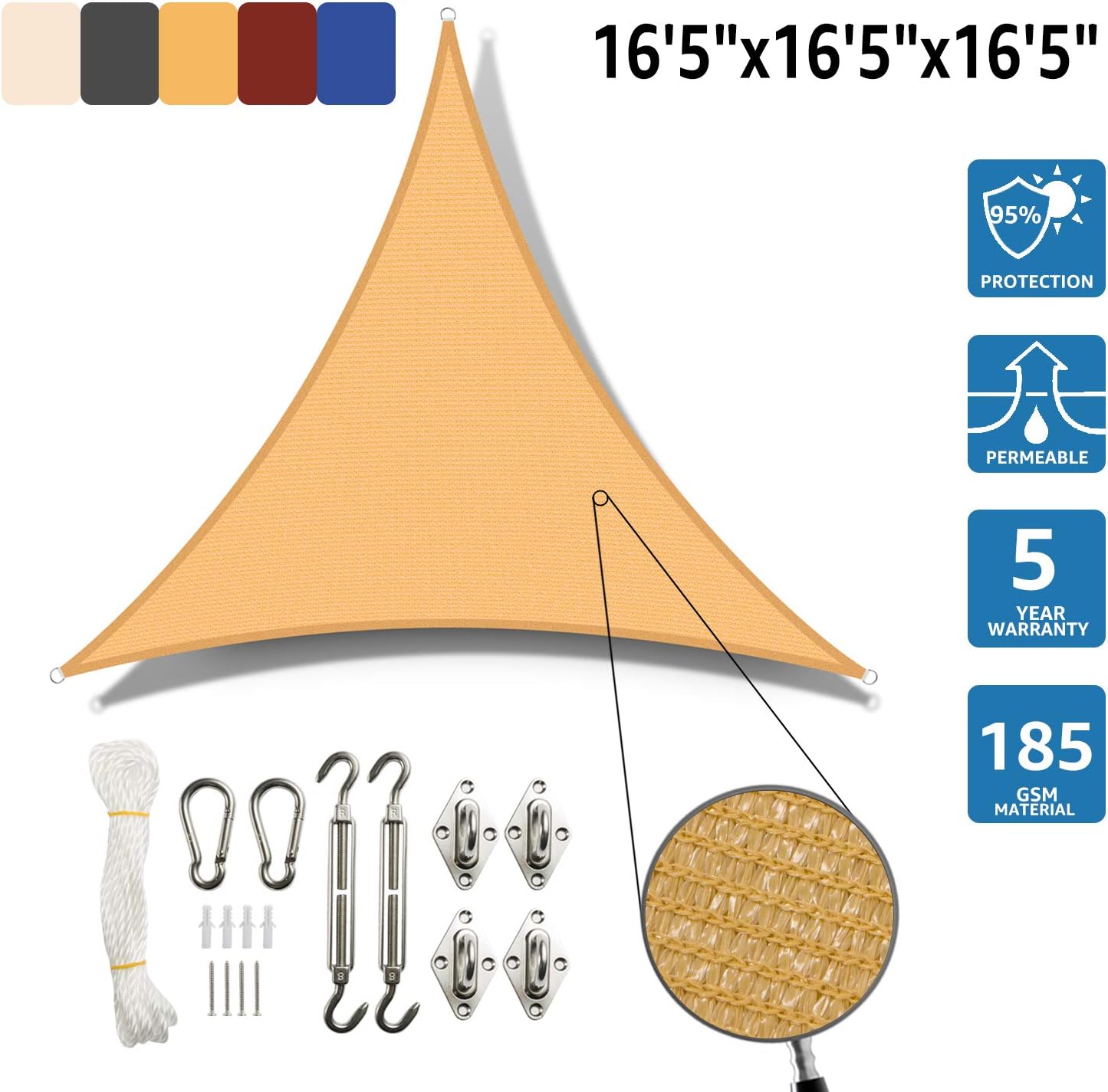 SunnyJoy Triangle 16.5'x16.5'x16.5' Sun Shade Sail with Stainless Steel Hardware Kit, Perfect for Outdoor Patio Garden, Sand