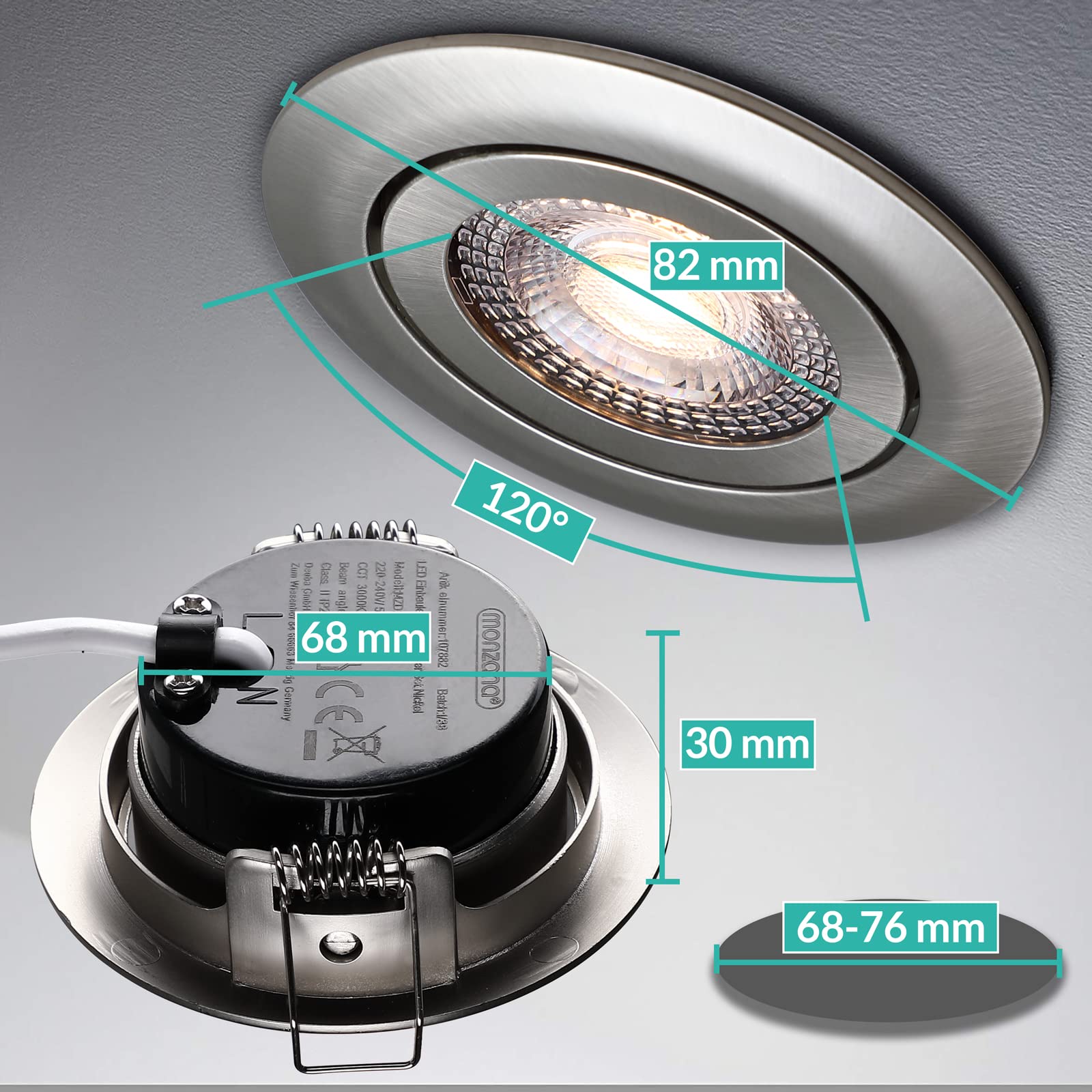 Monzana 12x Focos LED Empotrables Planos Regulables 68mm Luz de Techo Giratorio Blanco cálido 3000K Plata