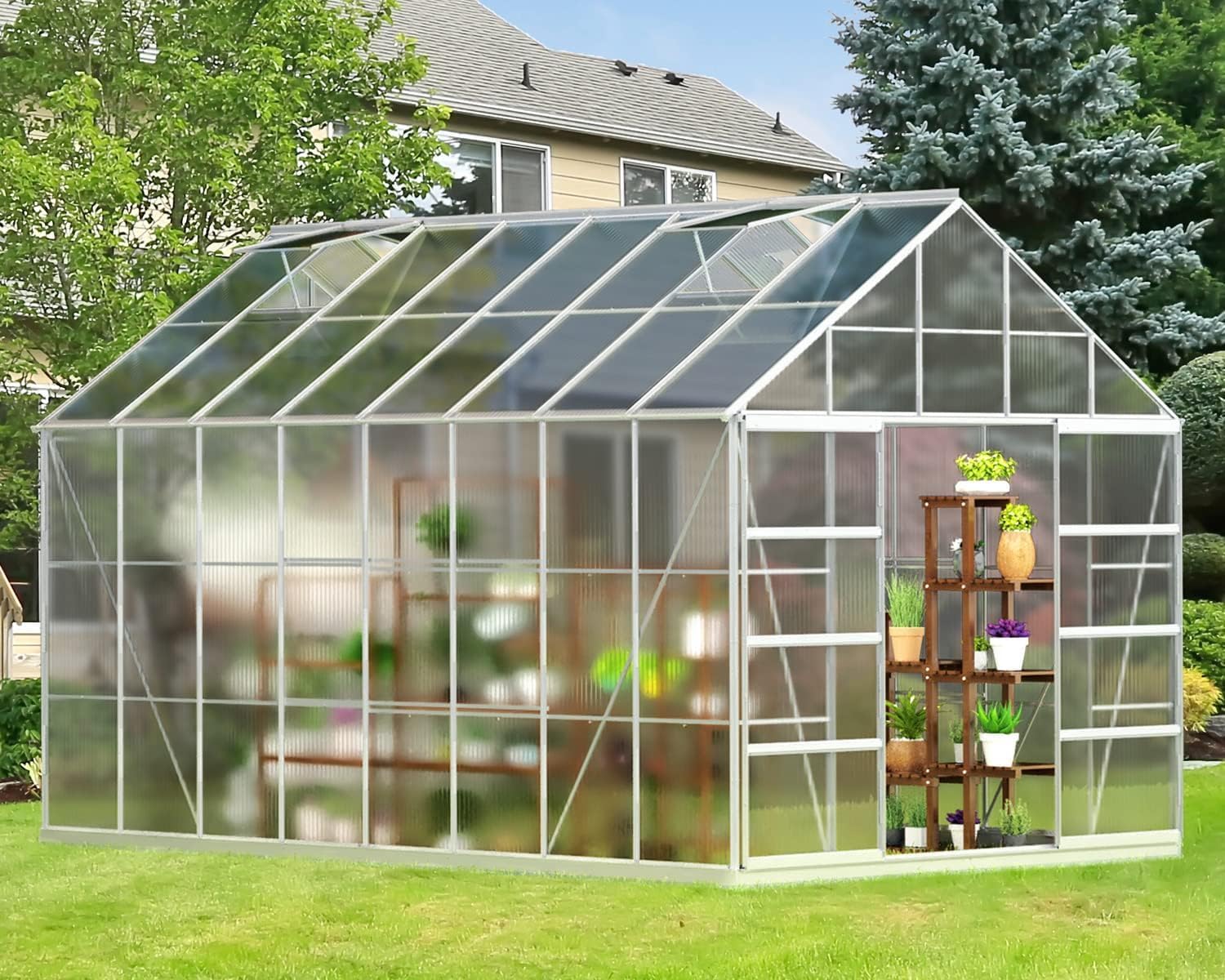 EROMMY Outdoor Walk-in Hobby Greenhouse for Plants, Polycarbonate Aluminum Green House with Adjustable Roof Vent and Sliding Door for Backyard Garden in Winter, 16' x 10' x 10.3'