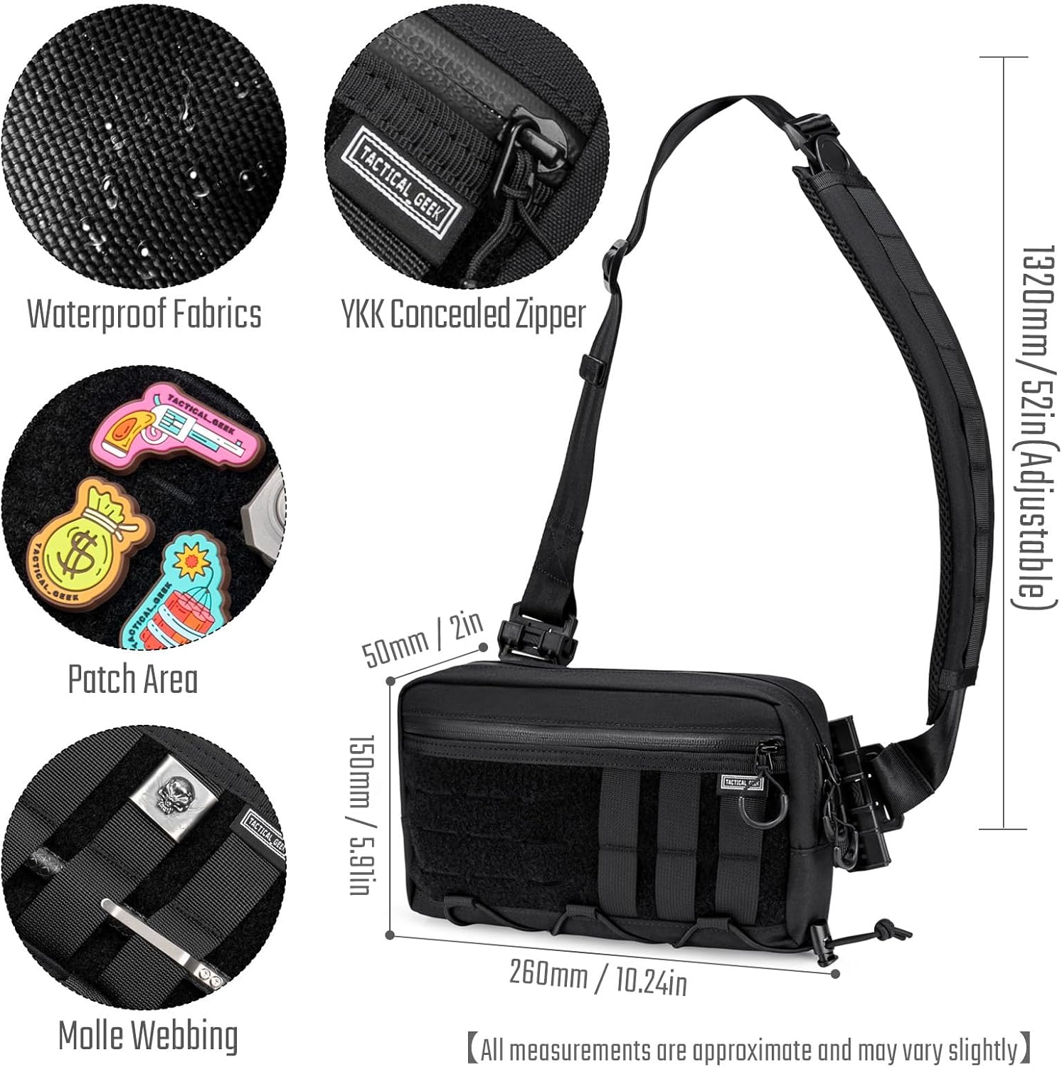 TACTICAL_GEEK Cache L3 EDC Sling Bag Chest, Lightweight Shoulder Daypack, 500D Nylon, Travel Hiking Concealed Carry, Crossbody Bag, Tactical Backpack, Hiking Ambidextrous Strap Black - Image 4