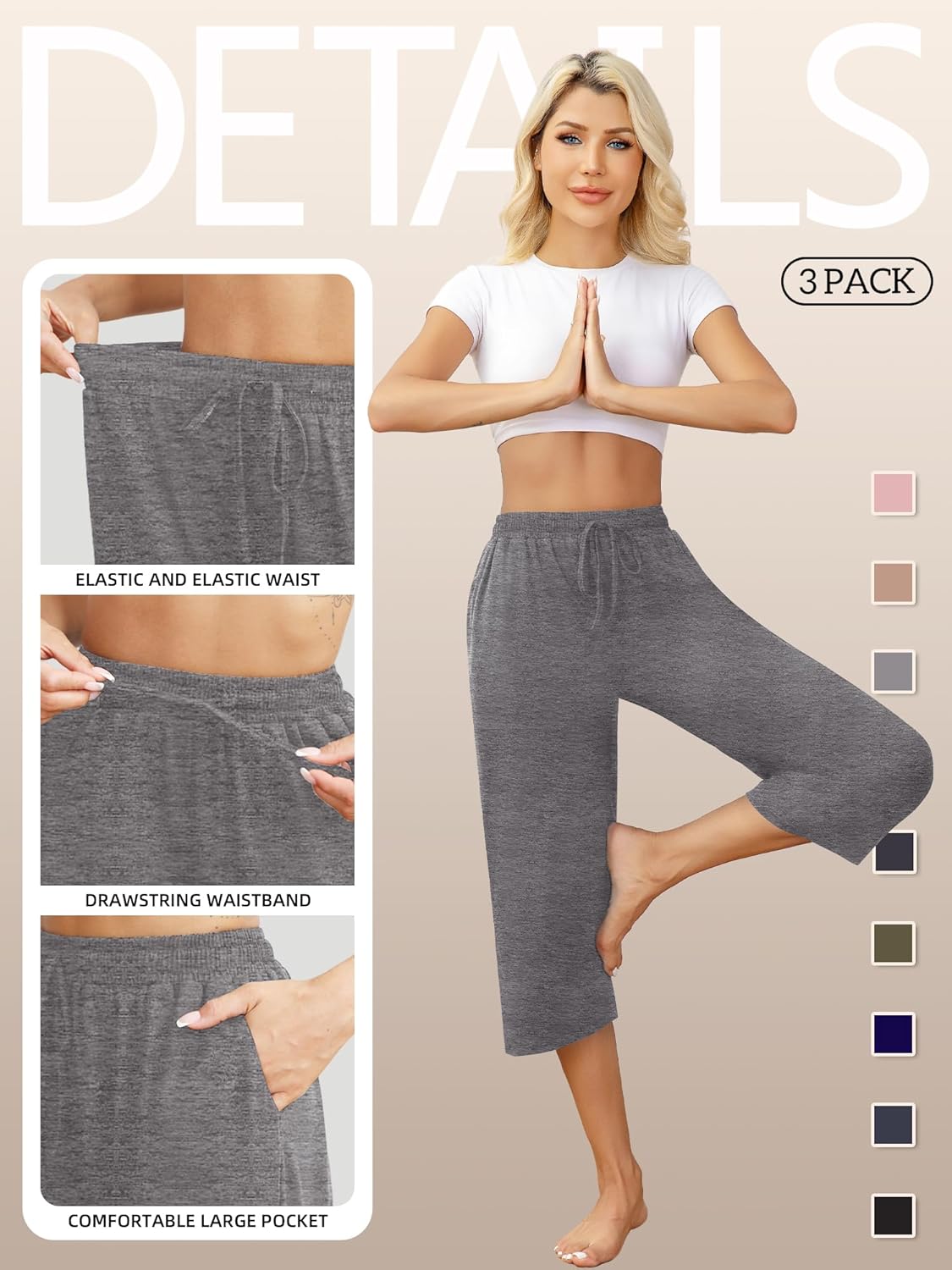 3 Pack Women Capri Pants Casual Drawstring Yoga Sweatpants Loose Soft Wide Leg Pajama Pants with Pockets