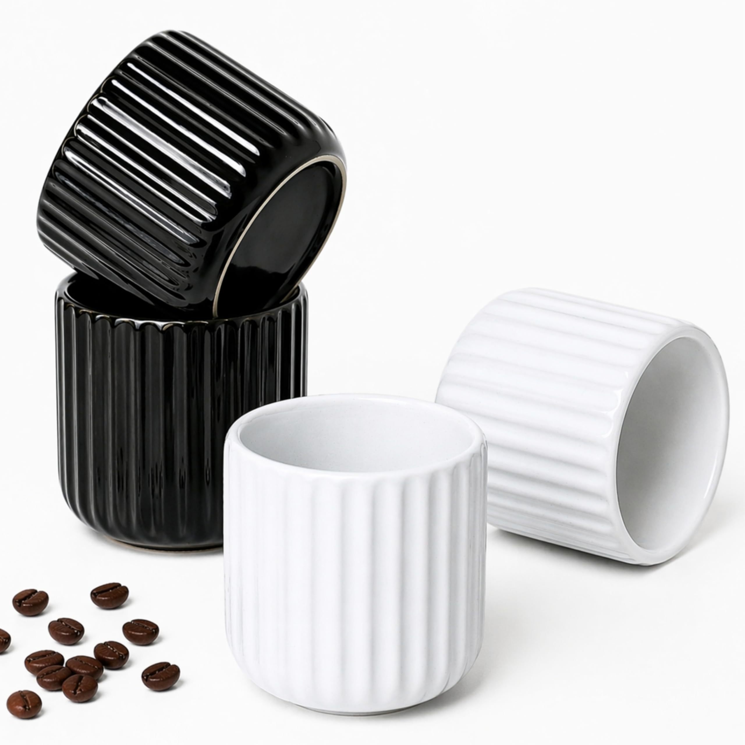 Erkundpresso. Espresso Cup Set 4x180ml, Thick-Walled Handleless Ceramic Cups, Heat-Retaining Scald-Proof, BPA-Free Kiln-Glazed for Espresso/Cappuccino, Unique Vintage Design - White + Black