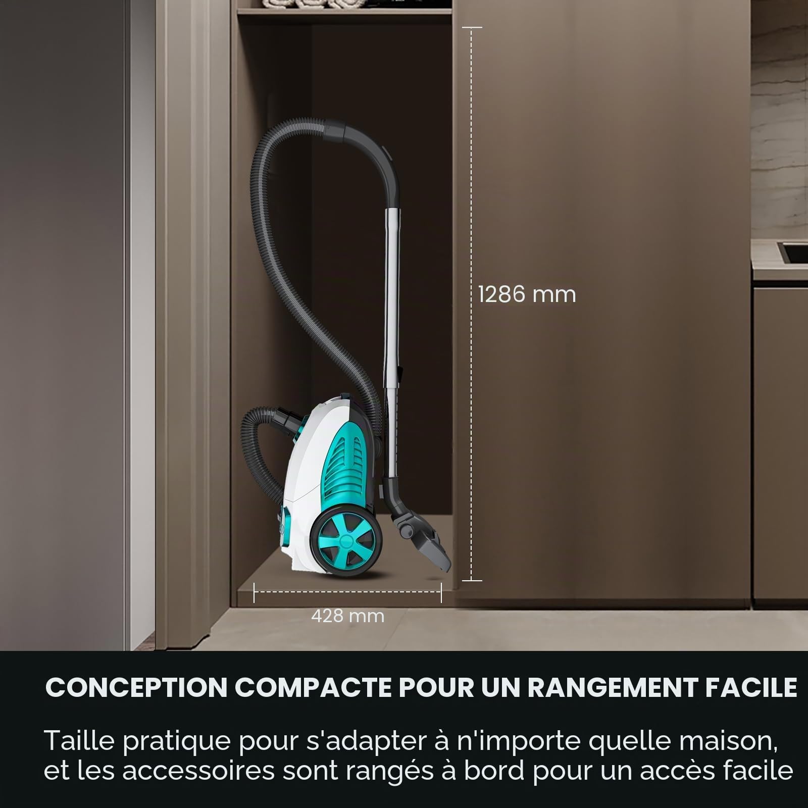 Aspirateur sans sac 1800 W avec filtre HEPA, aspirateur traîneau contrôlable à pied 22 kPa avec câble de 5 m, sans sac à poussière de 4 l, idéal pour les poils d'animaux, brosse de sol pour