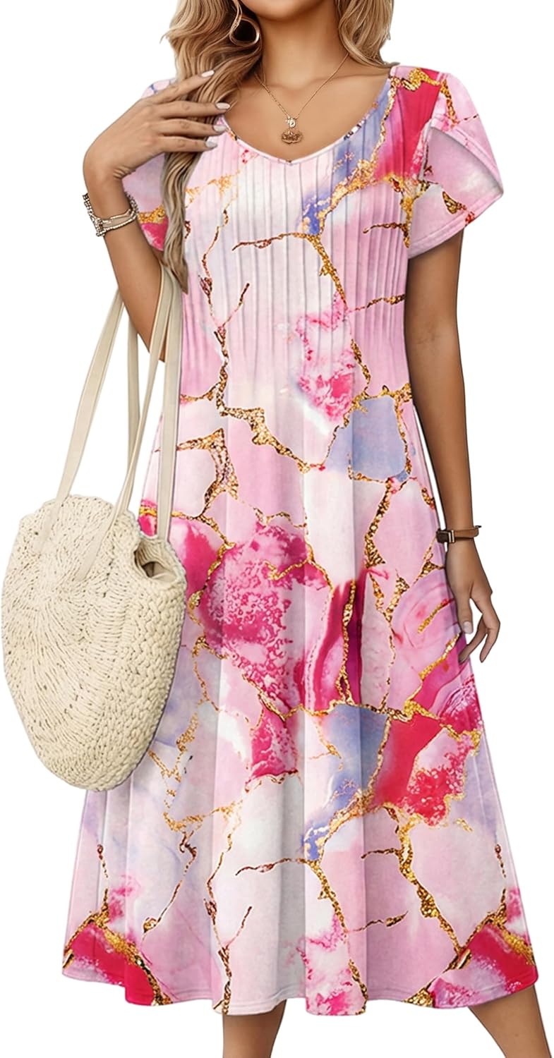 Zeagoo Women Midi Dresses for Summer 2026 Short Sleeve Casual Flowy Dress A Line Pleated V Neck Beach Sundress with Pockets