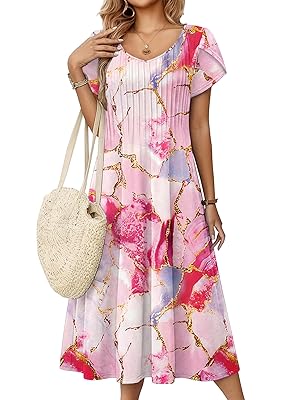Zeagoo Women Midi Dresses for Summer 2026 Short Sleeve Casual Flowy Dress A Line Pleated V Neck Beach Sundress with Pockets
