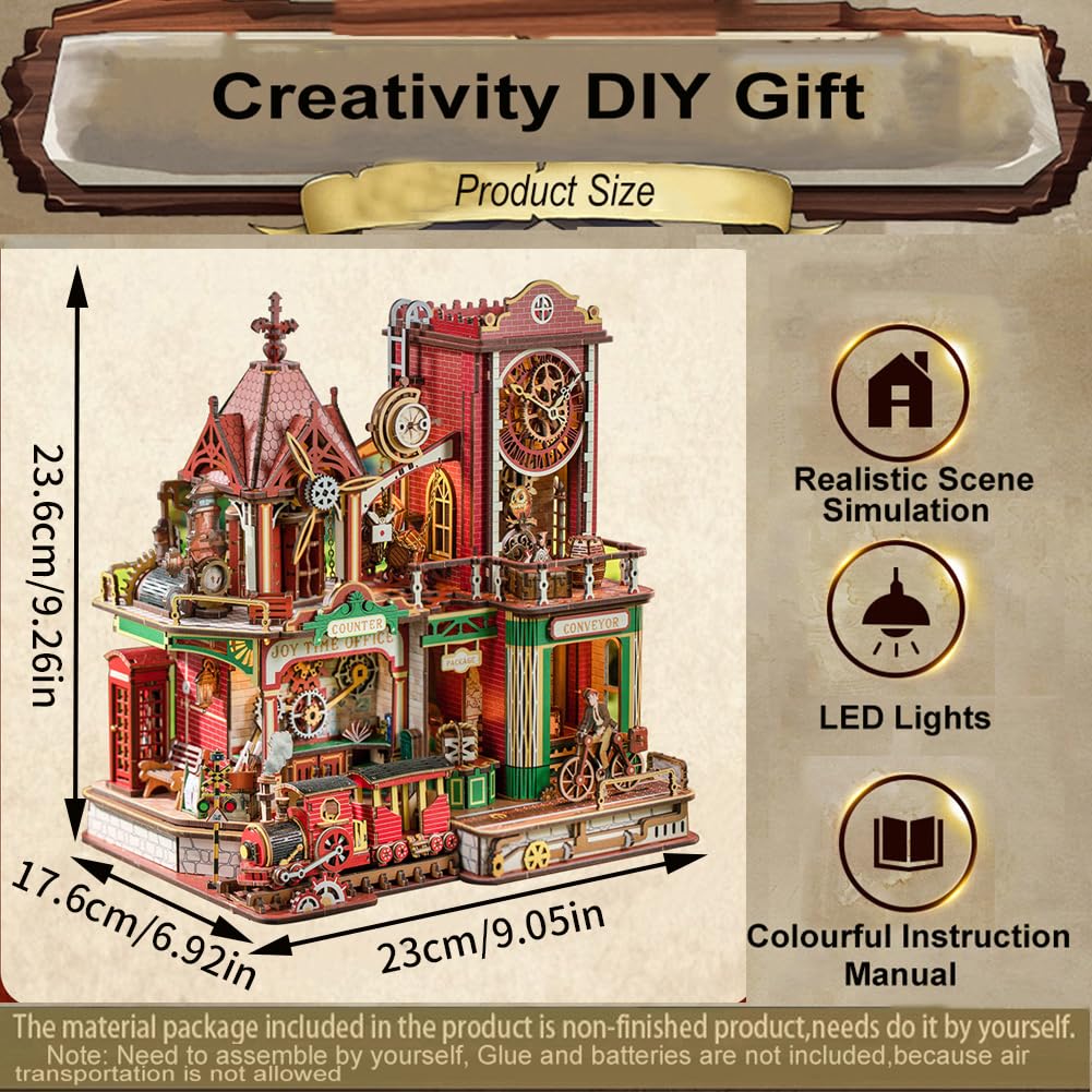 ELPHNUTSEY Miniaturowy dom Book Nook zestaw do majsterkowania z drewna, model 3D z czujnikiem dotykowym, 3 tryby (światło/obrót/muzyka), lokomotywa parowa i mechanizm zegarowy, diorama, zestaw do