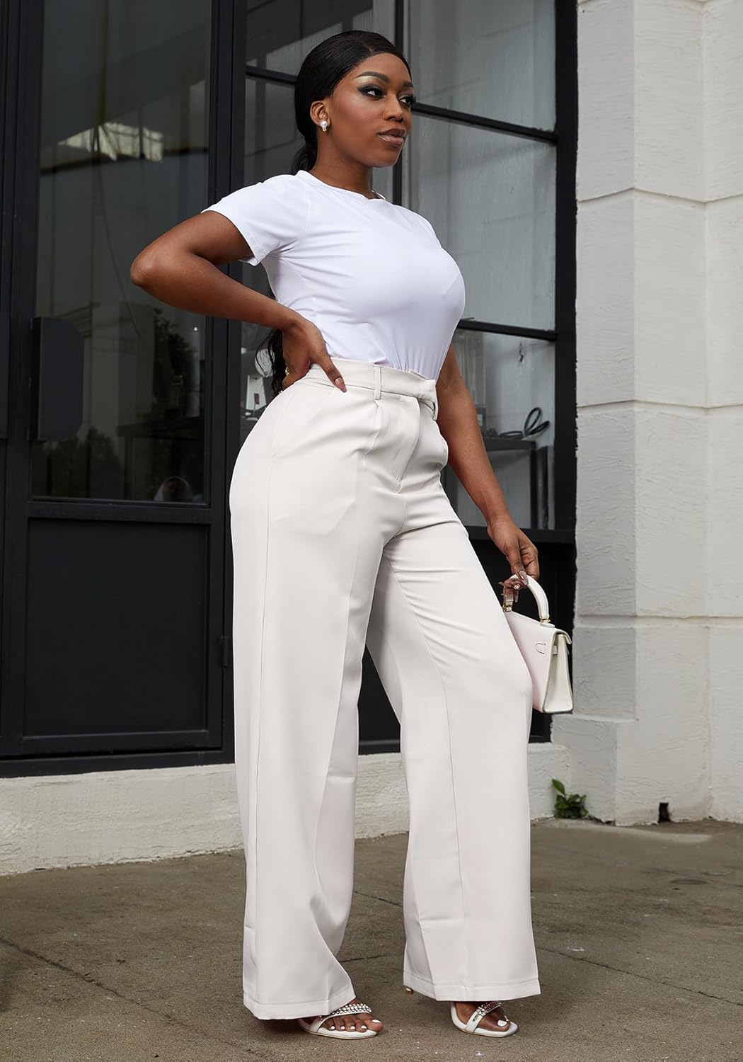 LKOUS Women's High Waisted Straight Wide Leg Dress Pants Stretchy Work Trousers with Pockets Business Casual - Image 7