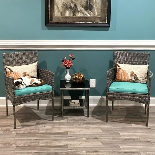 Vista 29 de FDW - Juego de muebles de mimbre de 3 piezas, sillas de ratán modernas con mesa auxiliar, resistentes a la intemperie, para exterior, patio, porche