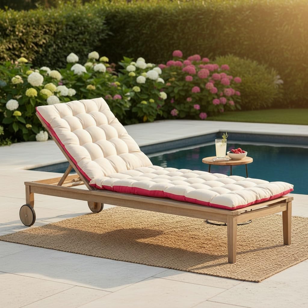 Atout Ciel Lot de 2 Coussins matelassés Bicolores pour Bain de Soleil, transat en Tissu déperlant 190x60cm, Framboise/Beige