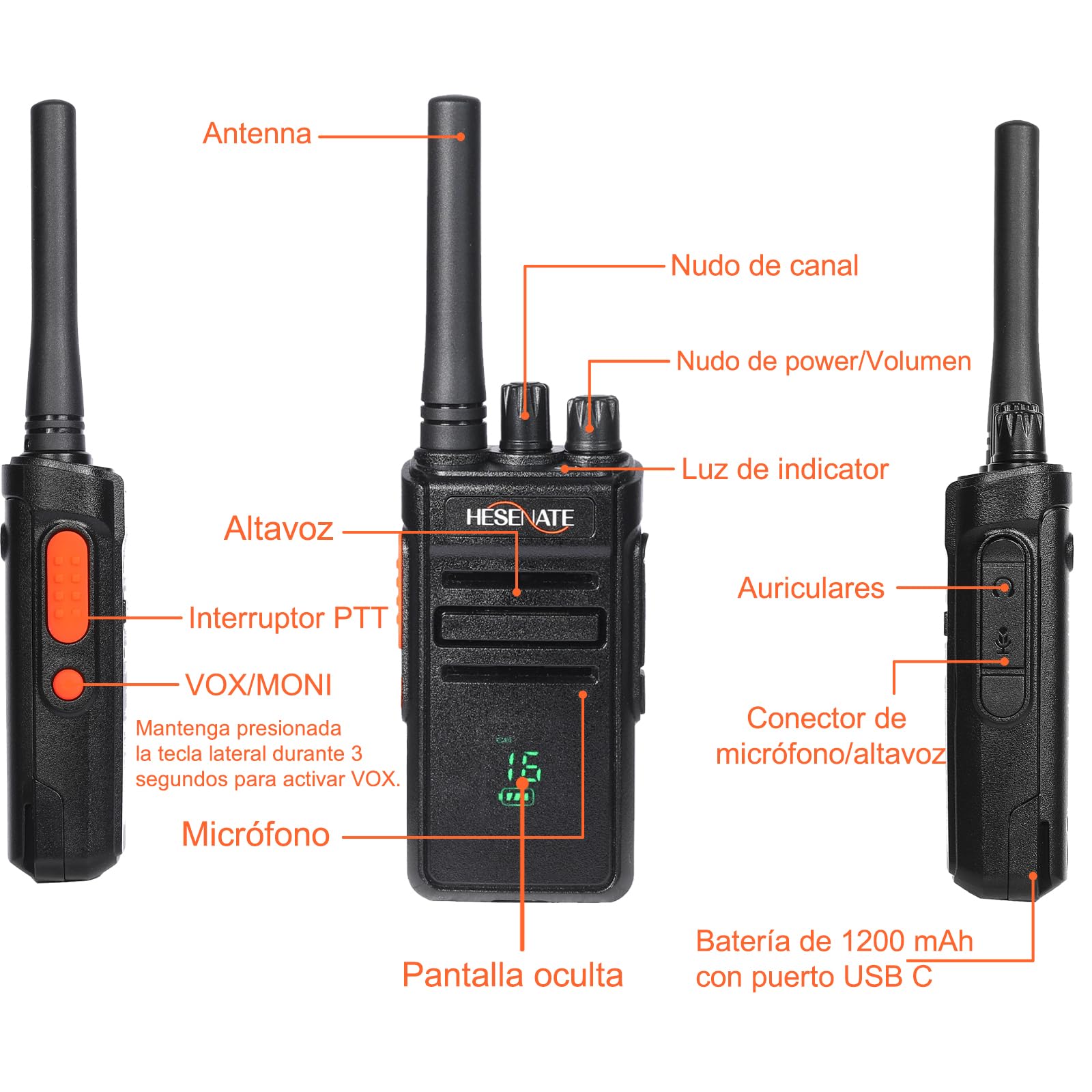 HESENATE HT66 Plus Walkie Talkie sin Licencia,16 Channels con Pantalla,Walkies Profesionales Largo Alcance,con VOX Manos Libres Pinganillo Walkies,para Restaurantes Hotel (2 Pizeas,Negro)