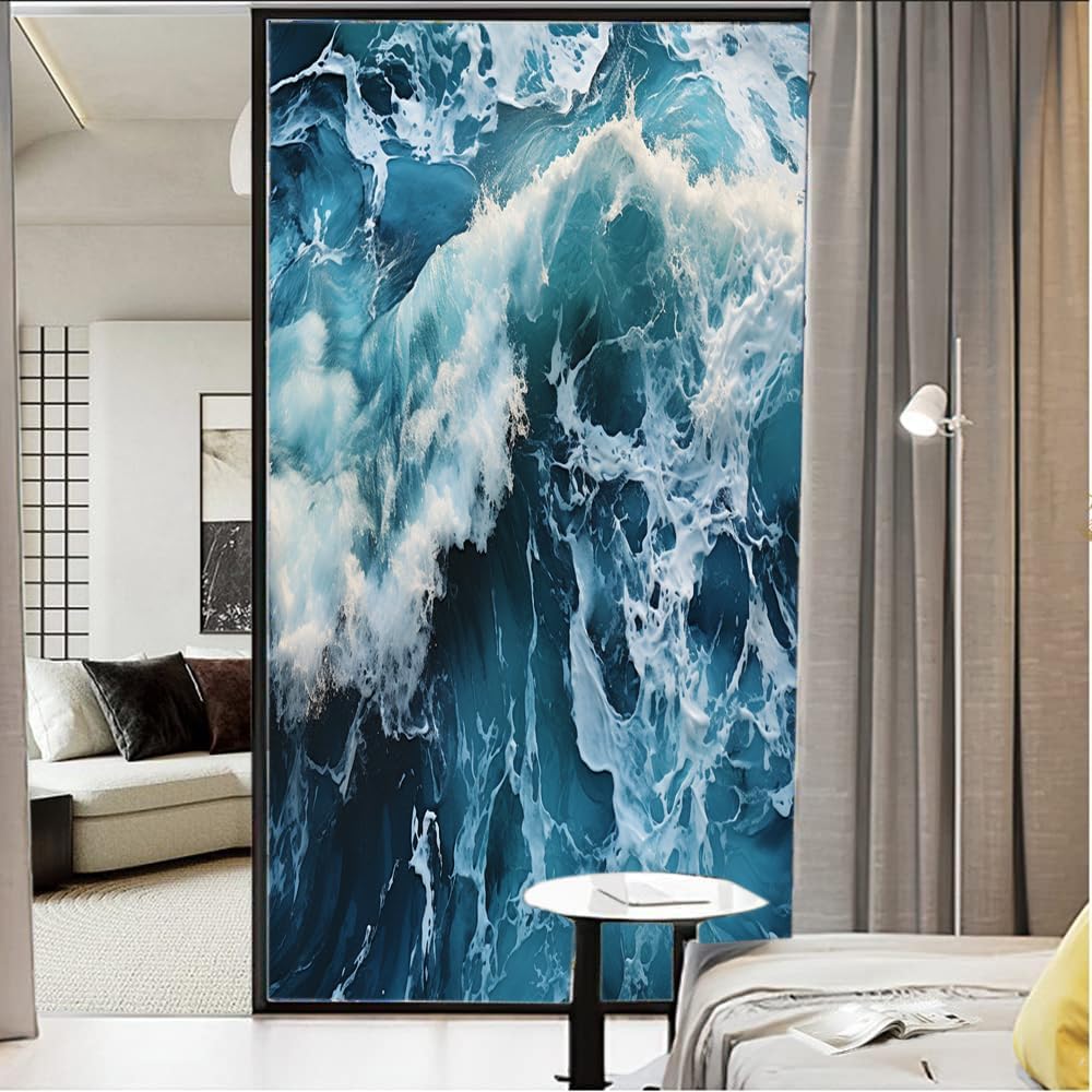 Abstract Waves Window Film Privacy Blue Ocean Natural Landscape Decorative Stained Glass Decal for Home, Adhesive Window Sticker 31.5Wx47.2L inch