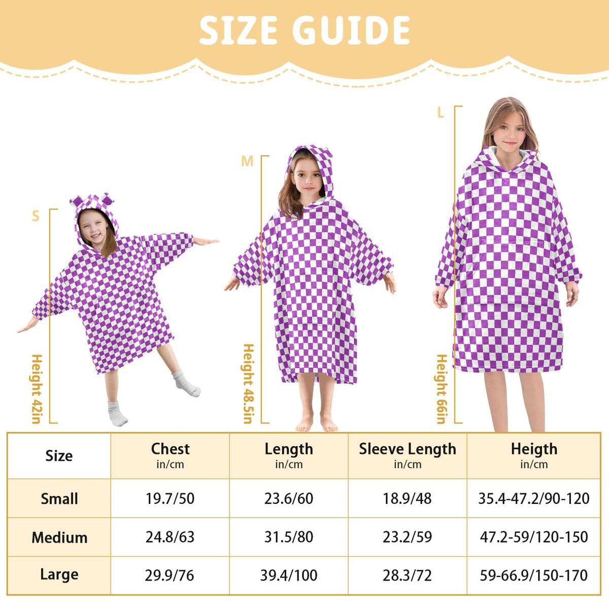 Fioletowa szachownica dziecięca koc do noszenia bluza z kapturem oversize bluza koc sweter vintage kratka dla chłopców i dziewcząt w wieku 3-14 lat