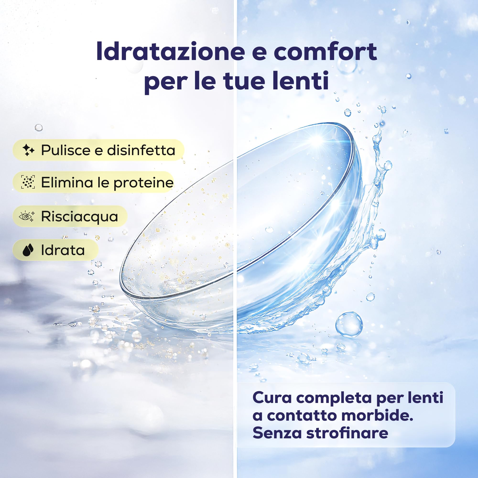 Soluzione unica per lenti a contatto morbide | 3 x 360 ml, 2 portalenti antimicrobici | Disinfetta, elimina proteine, idratazione | Comfort e manutenzione giornaliera