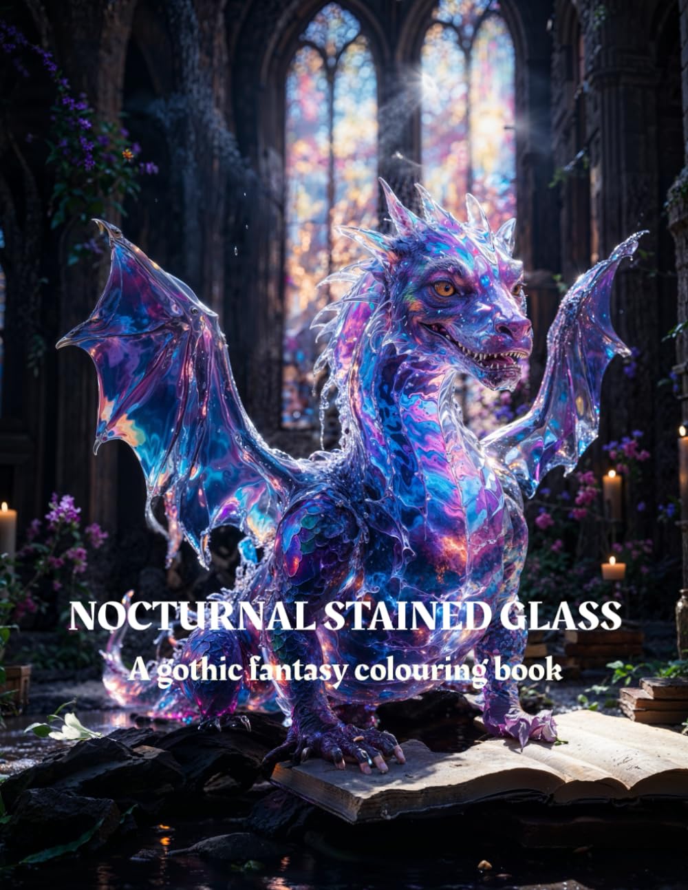 Nocturnal Stained Glass: A Gothic Fantasy Coloring Book Featuring 30 Unique Stained Glass Designs of Dragons, Witches, and Dark Botanicals for Stress Relief (The Gothic Stained Glass Collection)