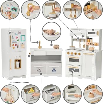 Teamson Kids Little Chef Atlanta Play Kitchen, White/Gold | Large Modular Wooden, Interactive Realistic Features, 17 Kitchen Accessories, For 3yrs and up