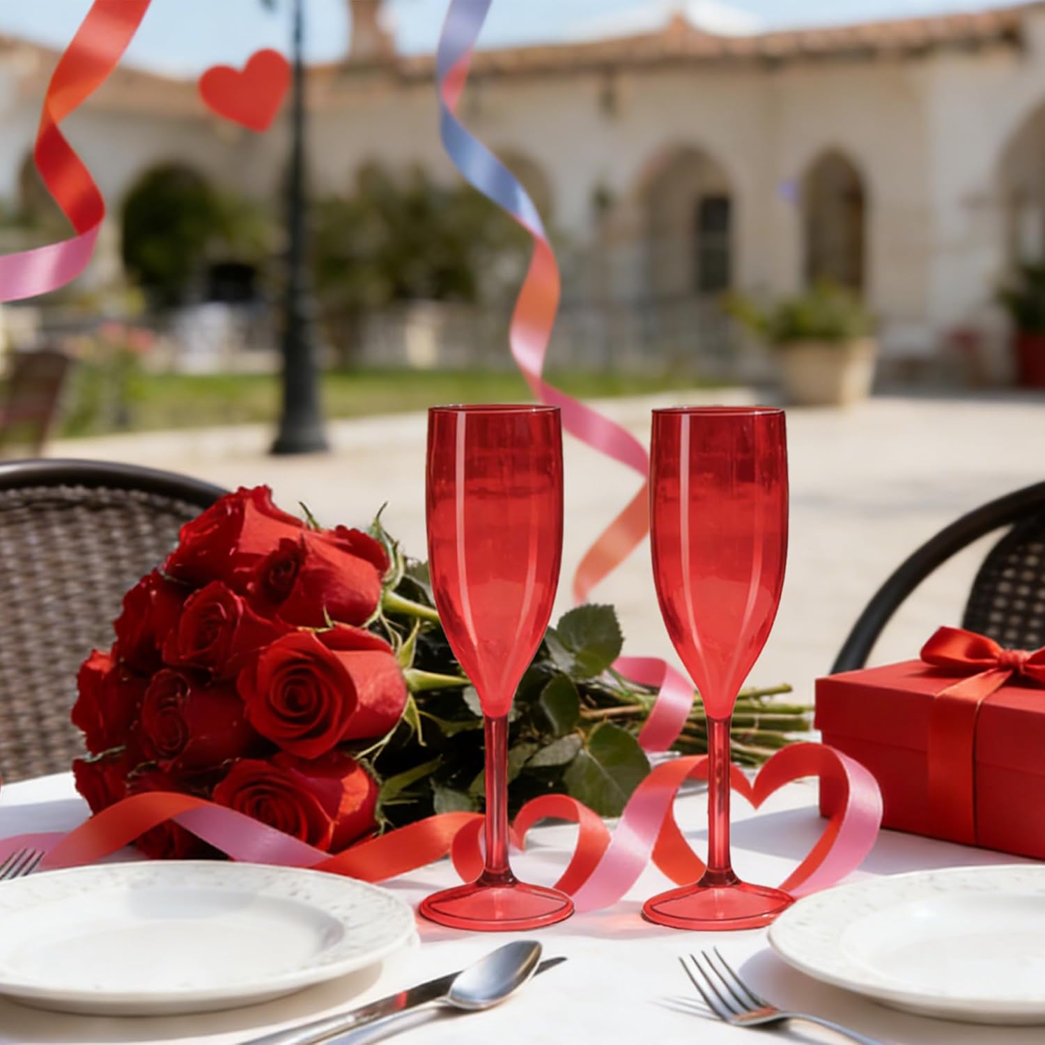 Champagne Flutes, Plastic Champagne Glasses for Wedding, Disposable Wine Glasses for Valentine’s Day Party Mimosa Bar Anniversary Event Drinks (24, Red) - Image 6