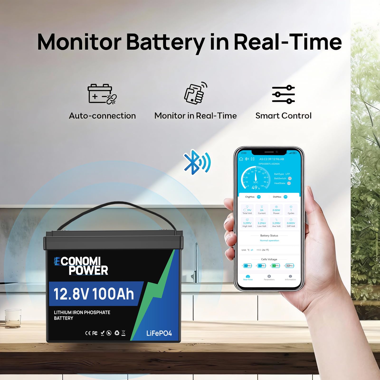 Batería de Litio Recargable (12 V, 100 A, 100 A, BMS, 4000 – 15000, Deep Cycle Lithium Battery, 1280 Wh) para Placas Solares, Camping Car, Motores de Curricán