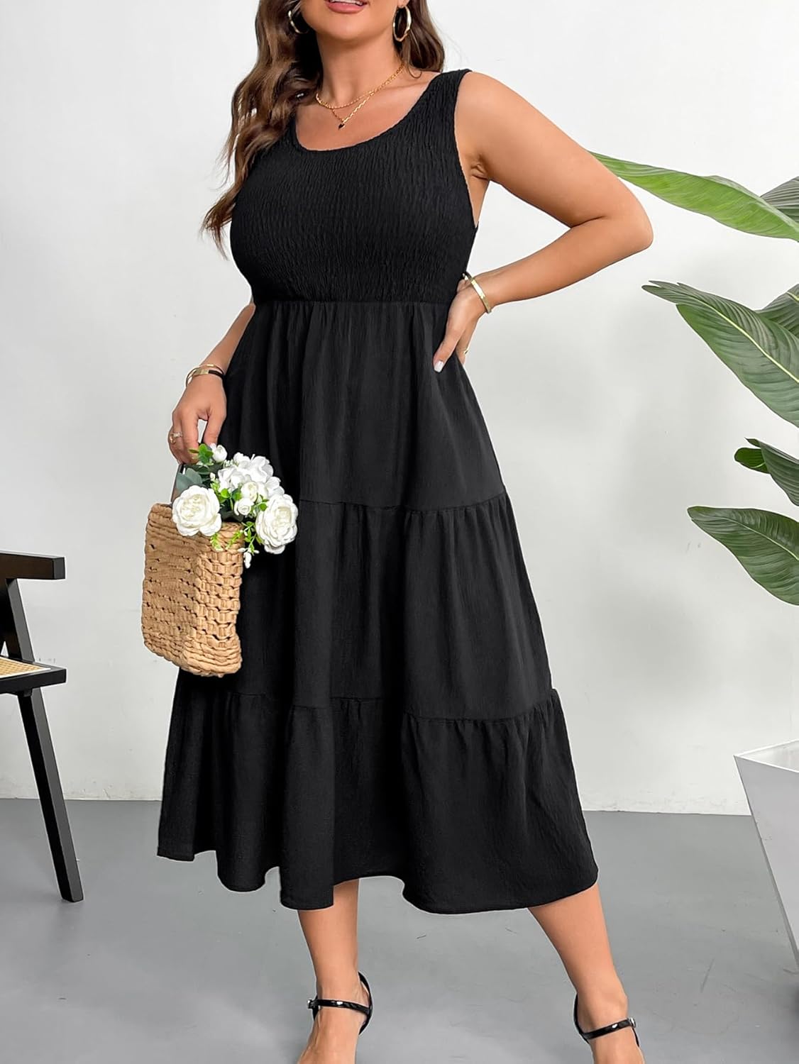 RWJ Plus Size Summer Sleeveless Tank Dress for Women 2025 Smocked Casual Loose Sundress Flowy Beach Tiered Long Midi Dresses - Image 3
