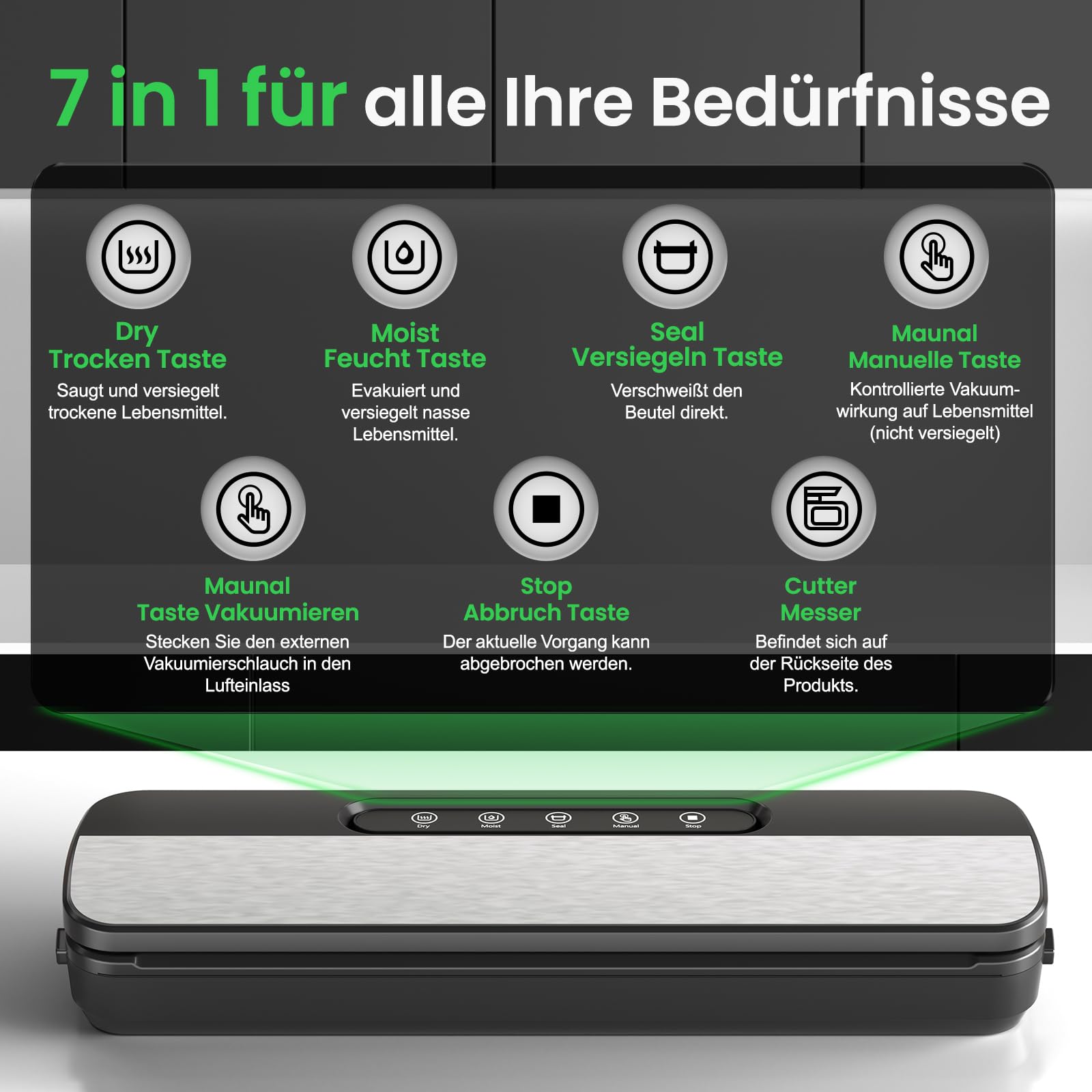 Raycial Vakuumiergerät 7 in 1, 145W Vakuumierer für Lebensmittel mit 10 Beutel und Schlauch