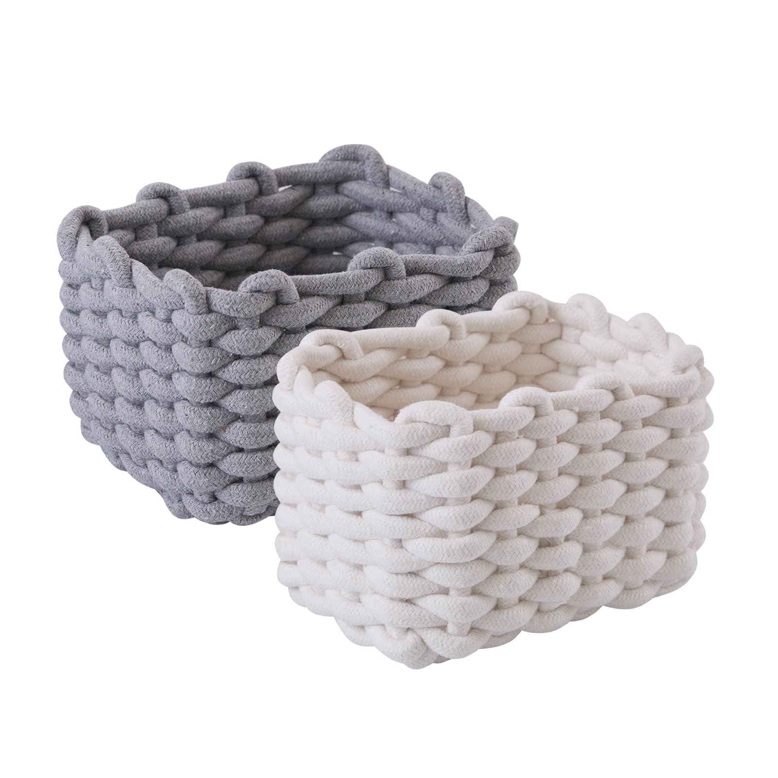 Aufbewahrungskorb Baumwolle 2er Set Geflochten Strickkorb, Badezimmer Organizer Wickeltisch Organizer Dekorative Quadratische Speicher Regalkörbe Für Schminke Socken Spielzeug (Grau+Weiß)
