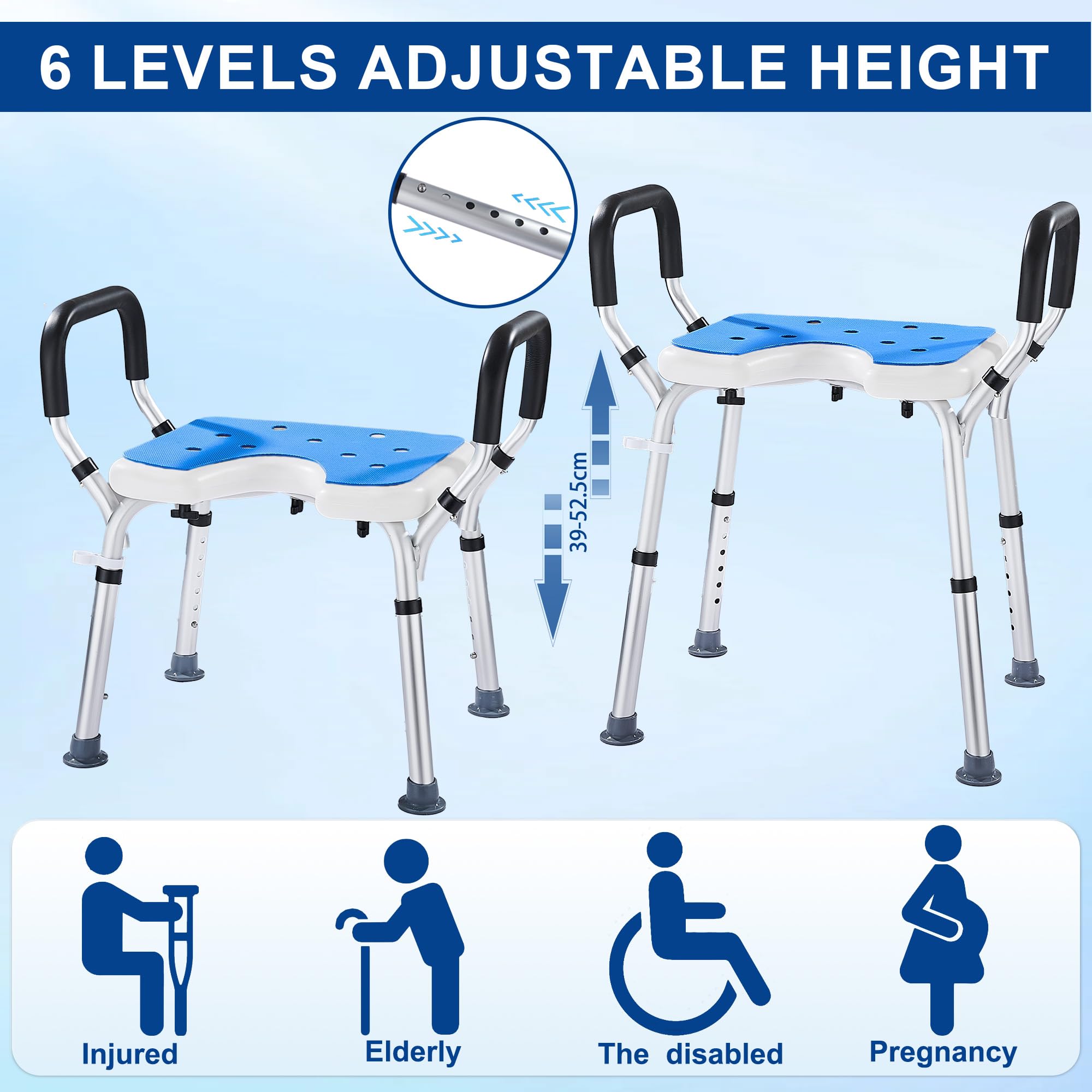 Sedia per Doccia con Braccioli Altezza Regolabile 39-52.5 cm, Sgabello Doccia Forma a U Antiscivolo per Anziani Disabili Sedile Sgabello da Bagno in Alluminio portata fino a 150 kg