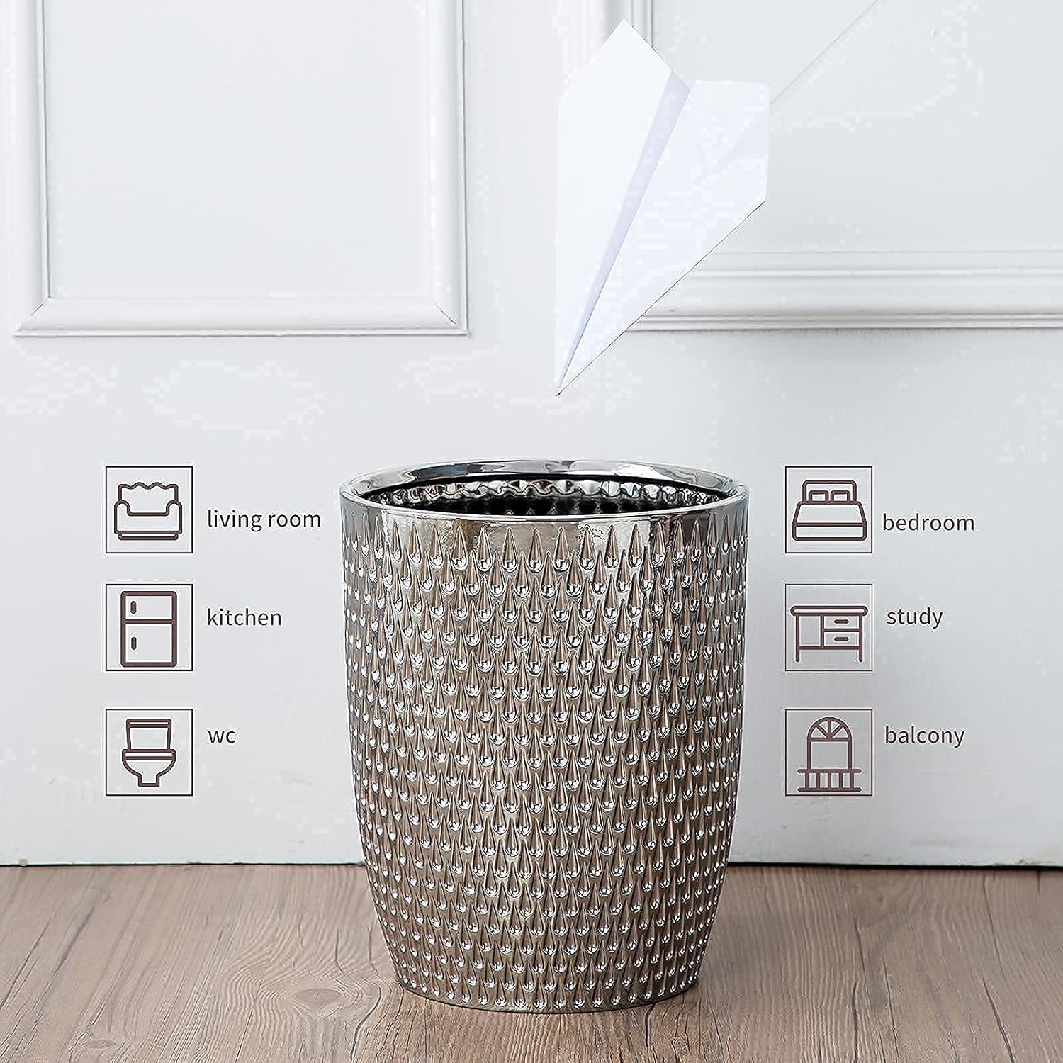 Mini Bathroom Trash Can， Trash Can ，Office Trash Can Brass，Silver Round Wastebasket Garbage Bin for Kitchens