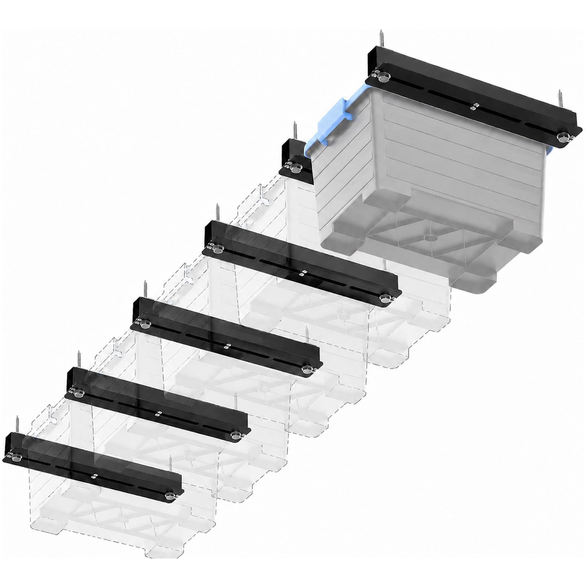 FULUPET Garage Ceiling Storage Racks for 5 Bins, 17" Heavy Duty Steel Rails, Overhead Garage Storage Rack for 27 Gallon Totes, Powder Coated Tote Rack for Garages, Sheds, Storerooms
